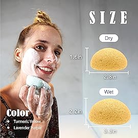myHomeBody Natural Konjac Facial Sponges - for Gentle Face Cleansing and Exfoliation - with Lavender Purple and Turmeric Yellow, Set of 4