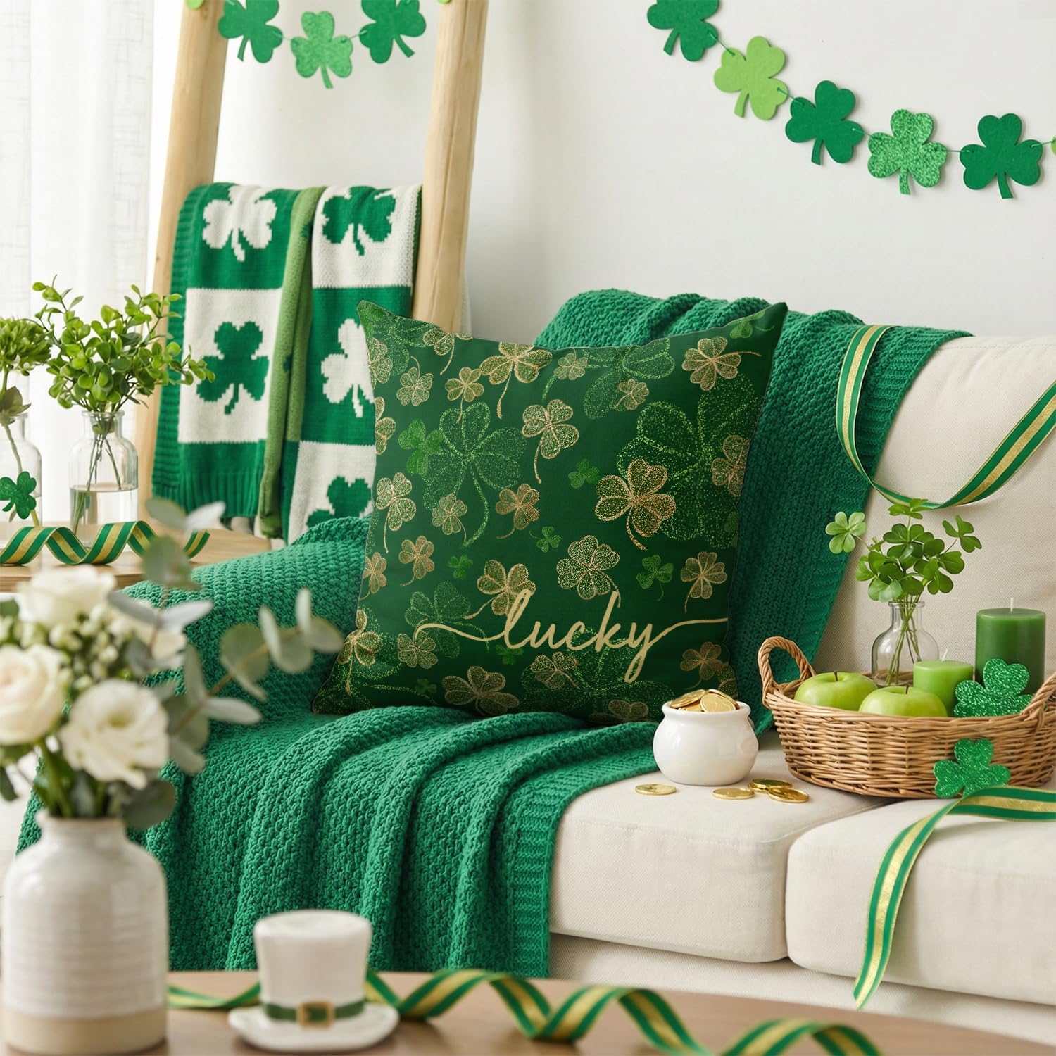 AVOIN colorlife St Patricks Day Lucky Shamrock Throw Pillow Cover, 18 x 18 Inch Clover Golden Shimmer Cushion Case Decoration for Sofa Couch - Image 2