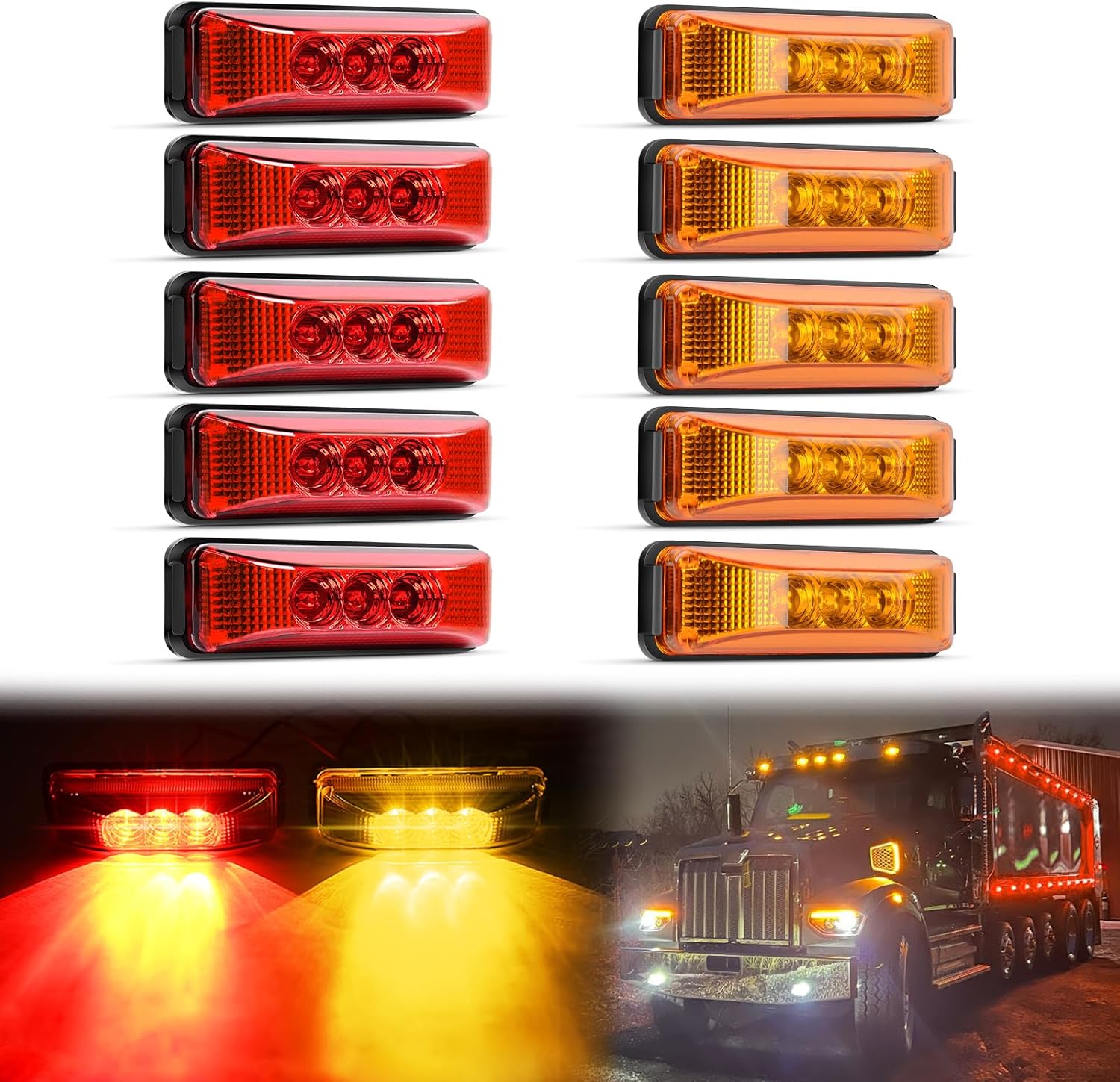 GOOACC 3.9Inch Marker Light 10PCS Red Amber 3LED Front Rear Side Indicator Clearance Fender Lights Waterproof Surface Mounted For RV Camper Truck Bus UTV