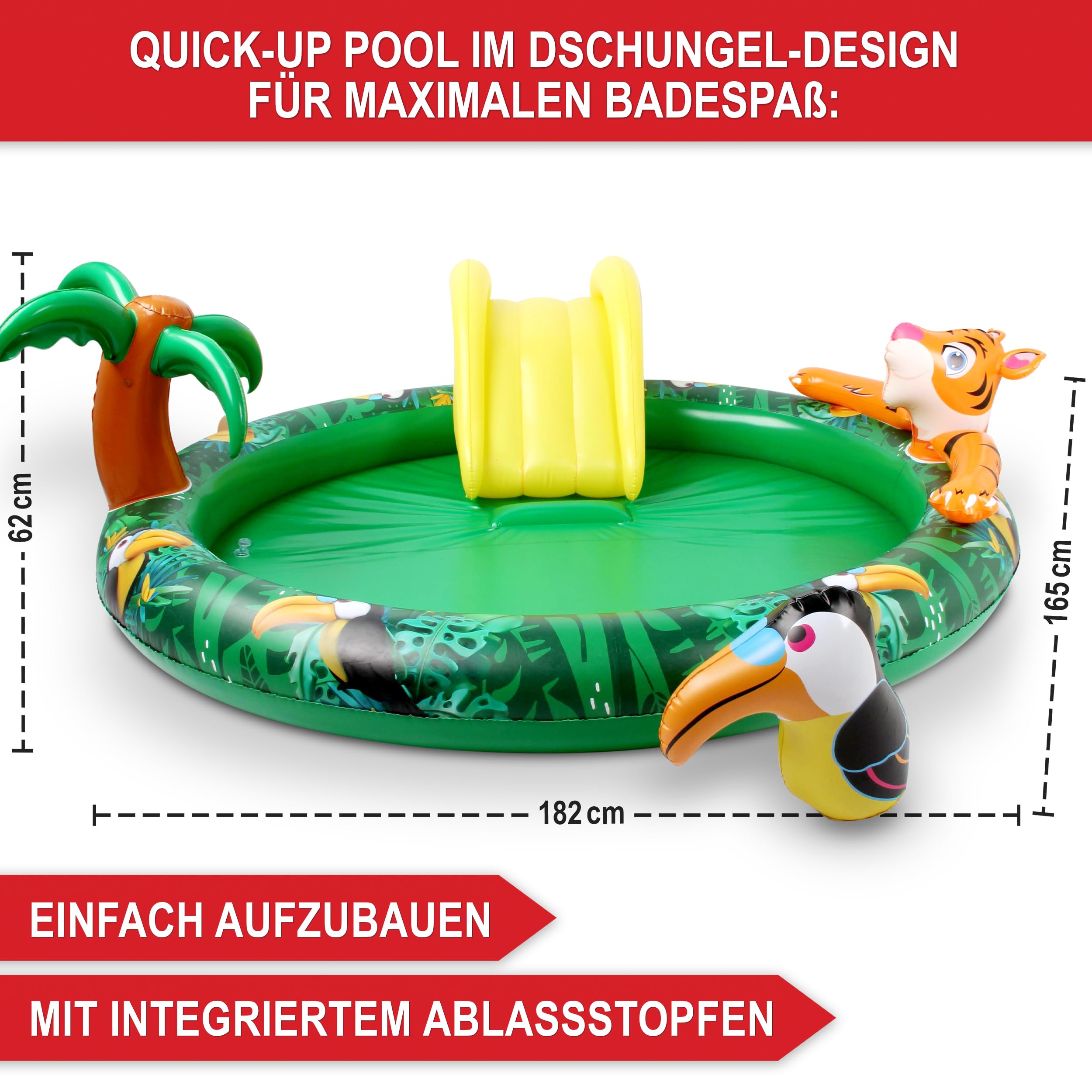 ONBEST Kinderpool Planschbecken für Kinder – aufblasbar – 182x165x62 cm – Poolrutsche – Dschungel Design Aufstellpool – Kinderbecken – Kinderplanschbecken – Kinder 3+ Jahre – Wasserpark