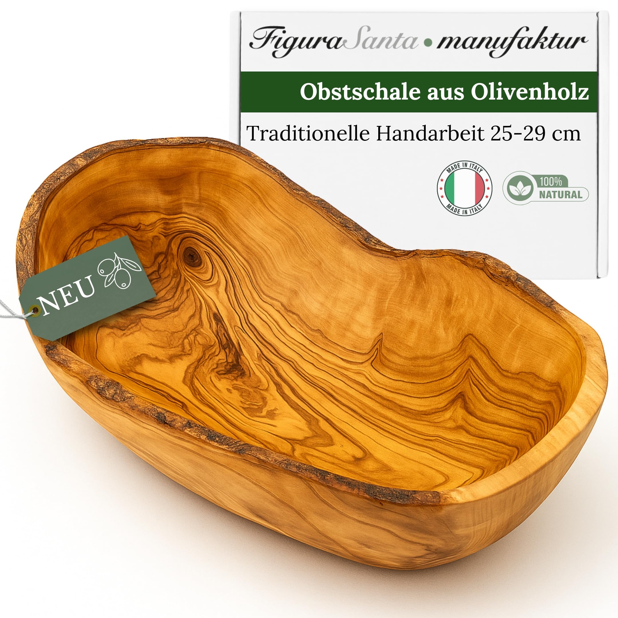 Olivenholz Obstschale rustikal - Handgefertigte Holzschale, mediterrane Schüssel für Snacks, Obst & Brot, nachhaltige Tischdekoration (25-29cm)