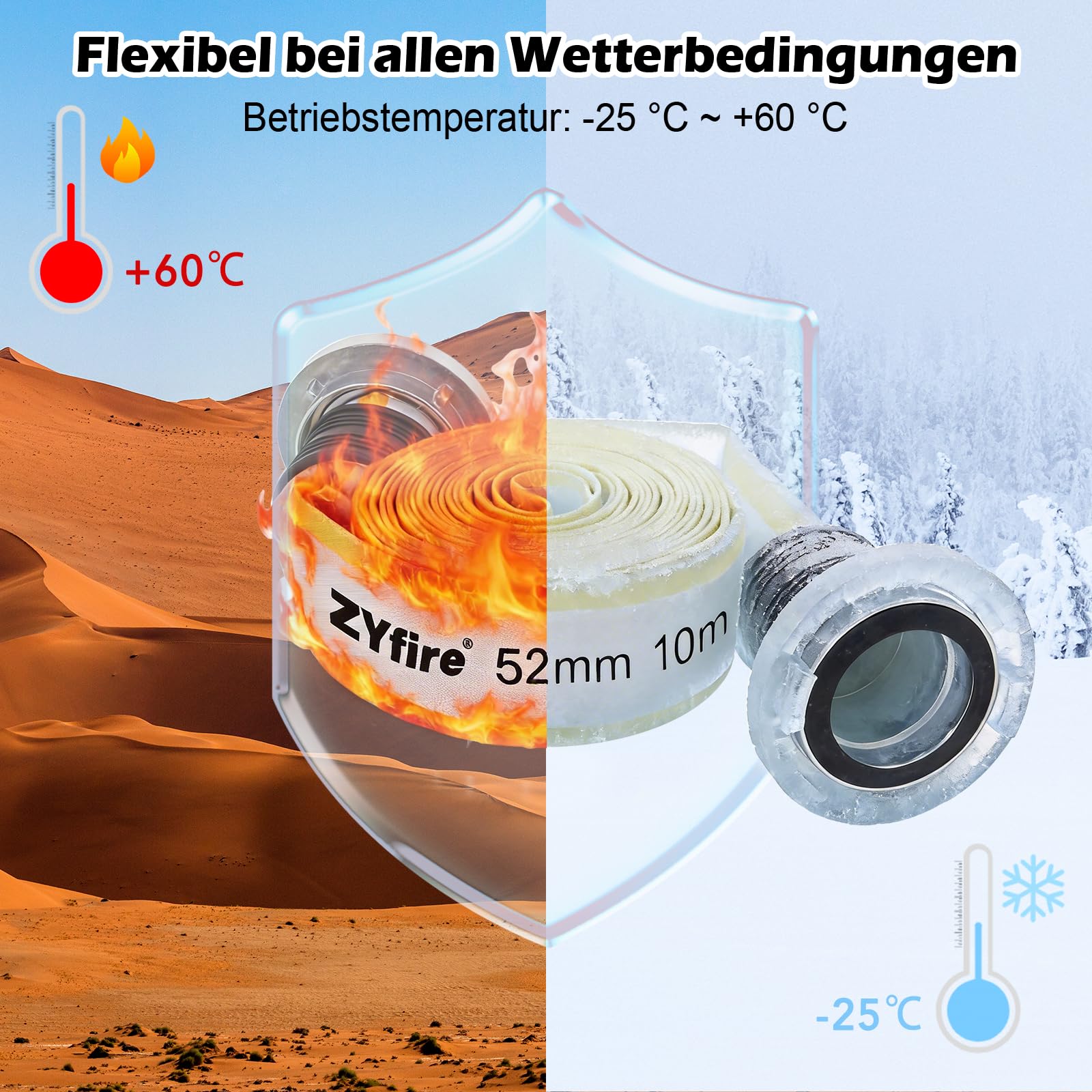ZYfire Feuerwehrschlauch 52mm x 10m | 2 Zoll Feuerschlauch mit C-Storz Kupplung | flexibler Wasserschlauch für Feuerwehr Industrie und Garten | Flachschlauch mit 10 Bar Betriebsdruck | TPR-Innenfutter