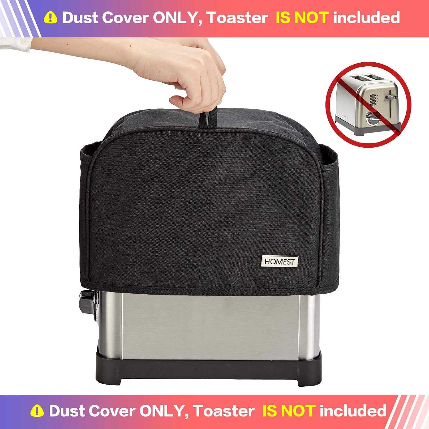 HOMEST 2 Slice Toaster Cover with Pockets, Can Hold Jam Spreader Knife & Toaster Tongs, Dust and Fingerprint Protection, Machine Washable, Black
