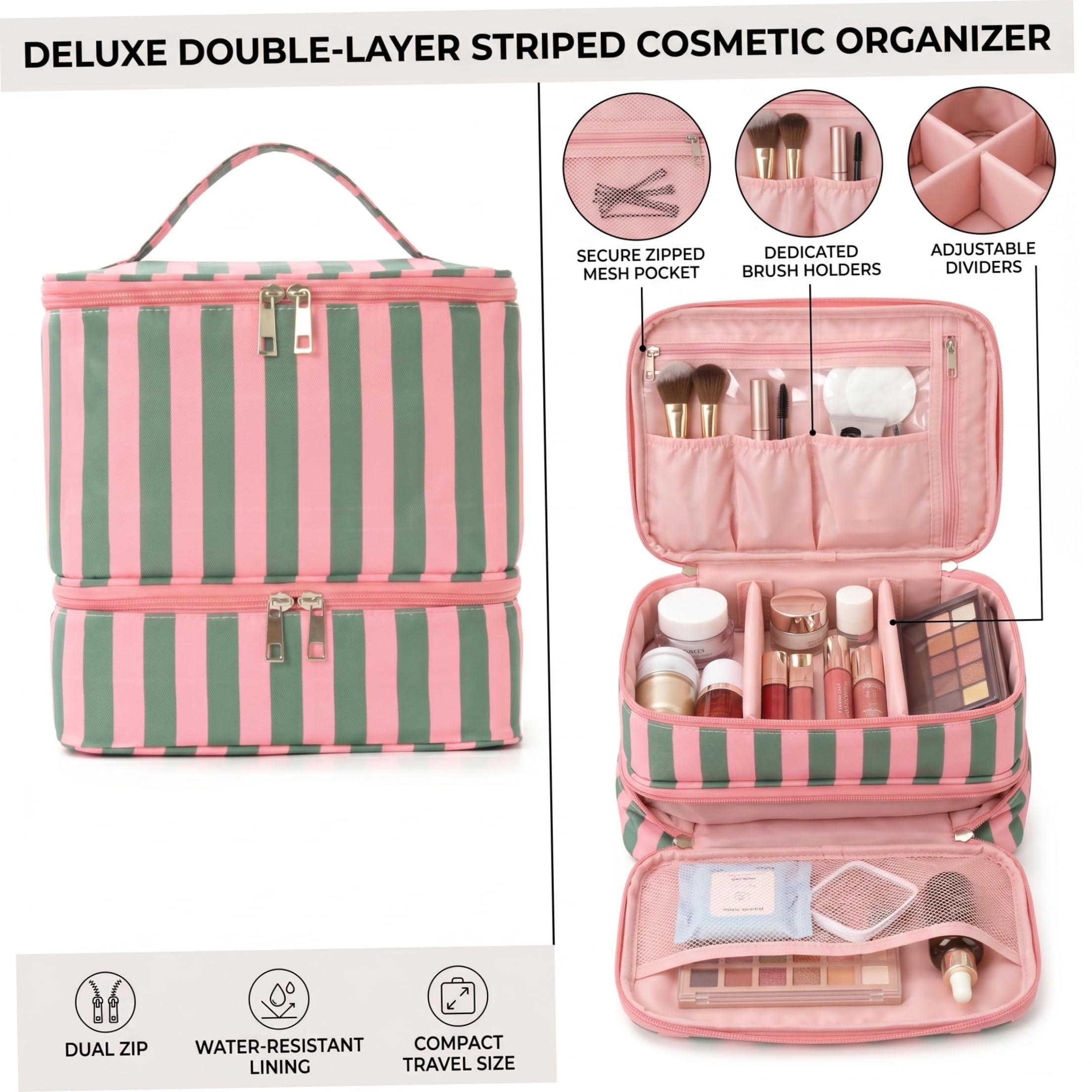 Bolsa organizadora de esmalte de uñas, organizador de suministros de uñas de doble capa con almacenamiento multicompartimento, bolsa de kit de uñas de gran capacidad, rayas verdes