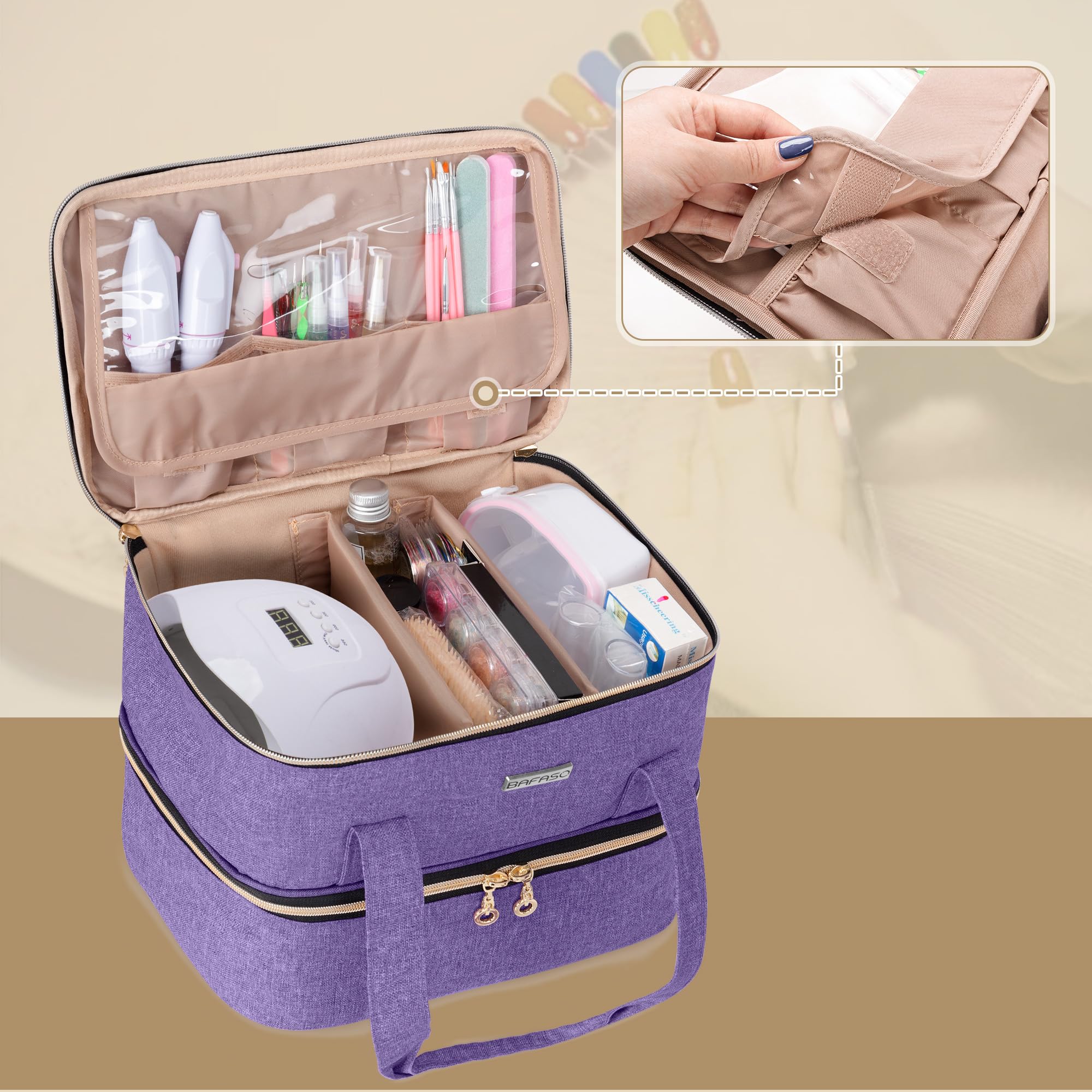 BAFASO Organizer na lakier do paznokci mieści 40 butelek (15 ml - 0.5 fl.oz) i lampę do paznokci, etui na lakier do paznokci z sekcjami do przechowywania narzędzi do manicure (tylko torba), fioletowy