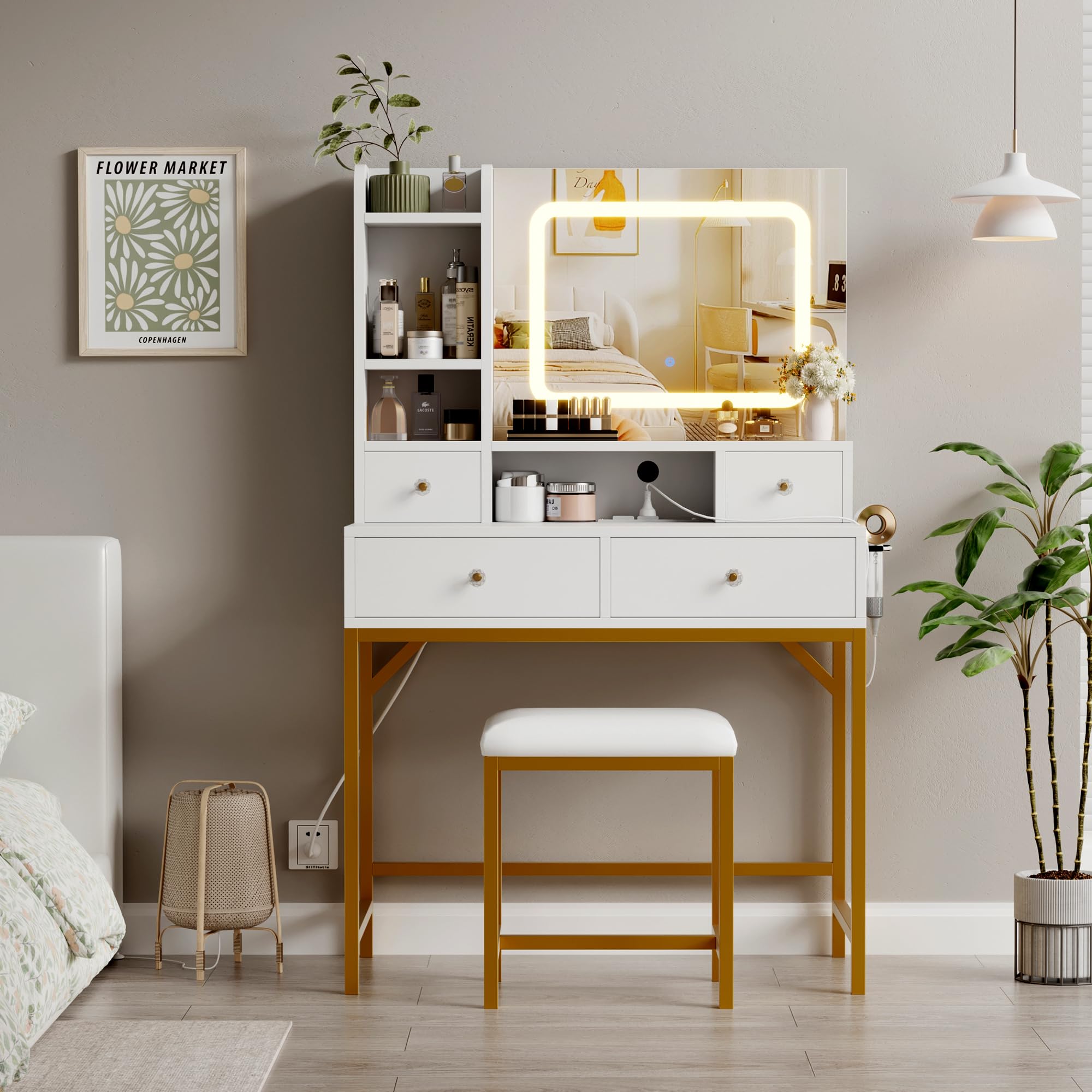 Tocador con espejo y luces de 3 colores mesa de maquillaje blanca y oro con 4 cajones para dormitorio
