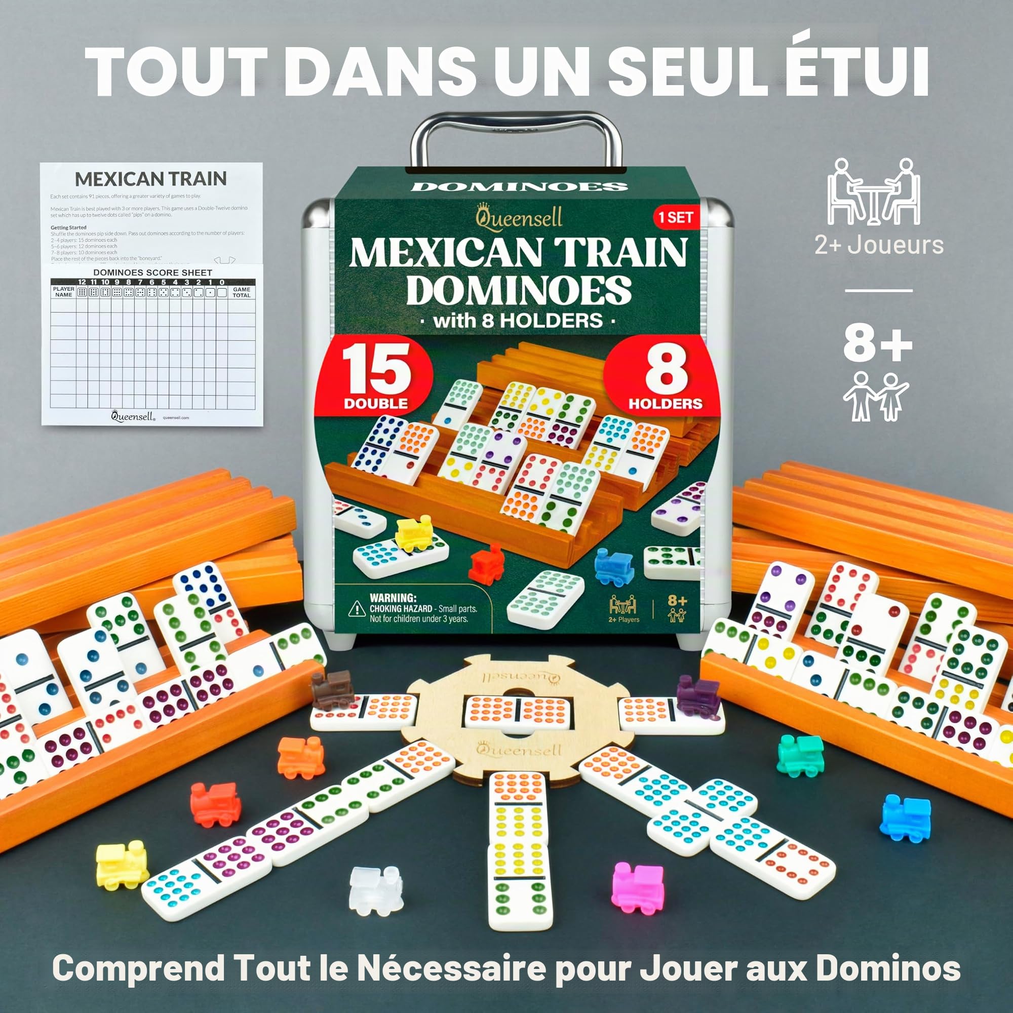 Queensell Set de Dominos Mexicains Double 15 avec 8 Supports - Moyeu et Porte-Jetons en Bois - Double 15 avec Points (D15 + 8 Supports)