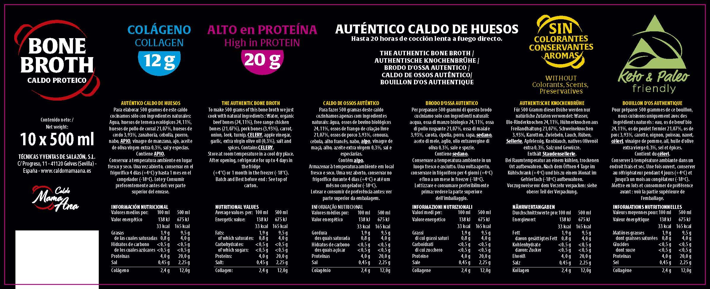 Brodo di Ossa Premium | Prodotto con Ossa di Manzo | Arricchito con Pollo, Maiale Iberico e 6 Verdure | Collagene, Proteine e Acido ialuronico | Bone Broth Naturale al 100% | 10x500ml | Mama Ana