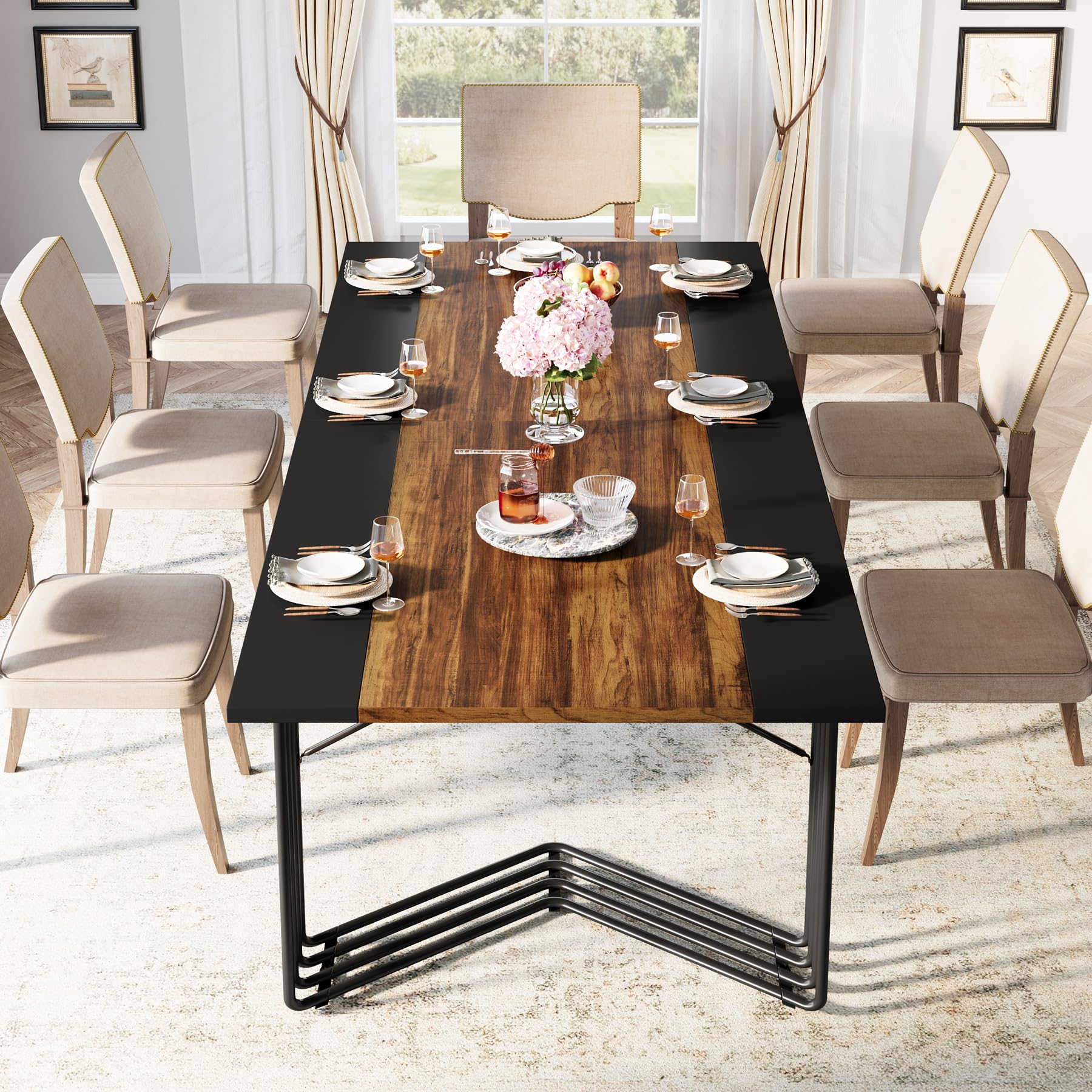 Tribesigns Mesa de comedor rectangular para 8-10 personas, mesa de cocina industrial grande de 200 cm, mesa de comedor para sala de estar, cocina, estructura de metal, marrón rústico