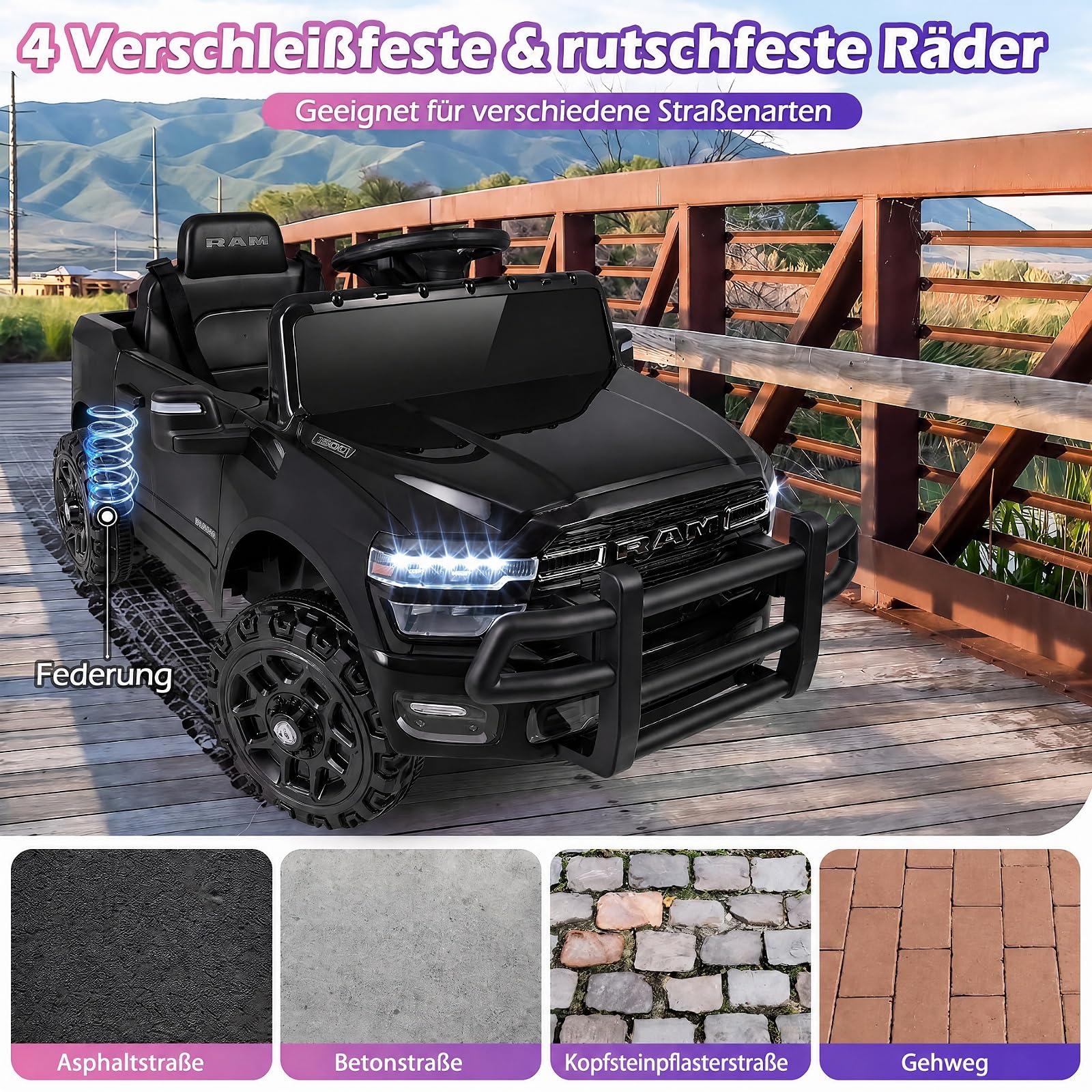 COSTWAY 12V Kinder Elektroauto, Kinderauto RAM für ab 3 Jahren (Schwarz) | Mit 2,4G-Fernbedienung, Musik, Hupe & helle Scheinwerfer, 3-Punkt-Gurt und verriegelbare Türen, bis zu 30 kg belastbar