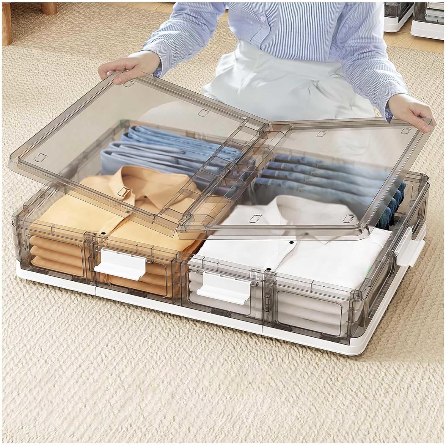 Under Bed Rolling Storage with Lid, Rolling, Underbed Shoe Storage with Wheels 66L Rolling Under Bed Storage Bins for Clothes, Shoes, Toys, Books,transparent-2packs