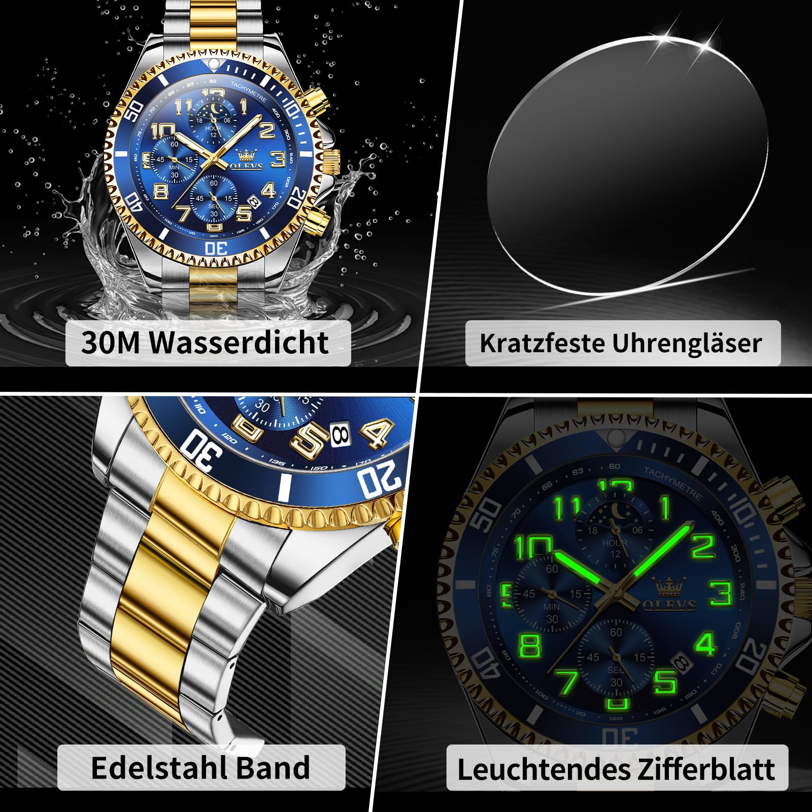 OLEVS Groß Uhr Herren Wasserdicht Leuchtend Edelstahl Mondphase Armbanduhr Herren Analog Chronograph Herrenuhren Arabische Ziffern mit Datum