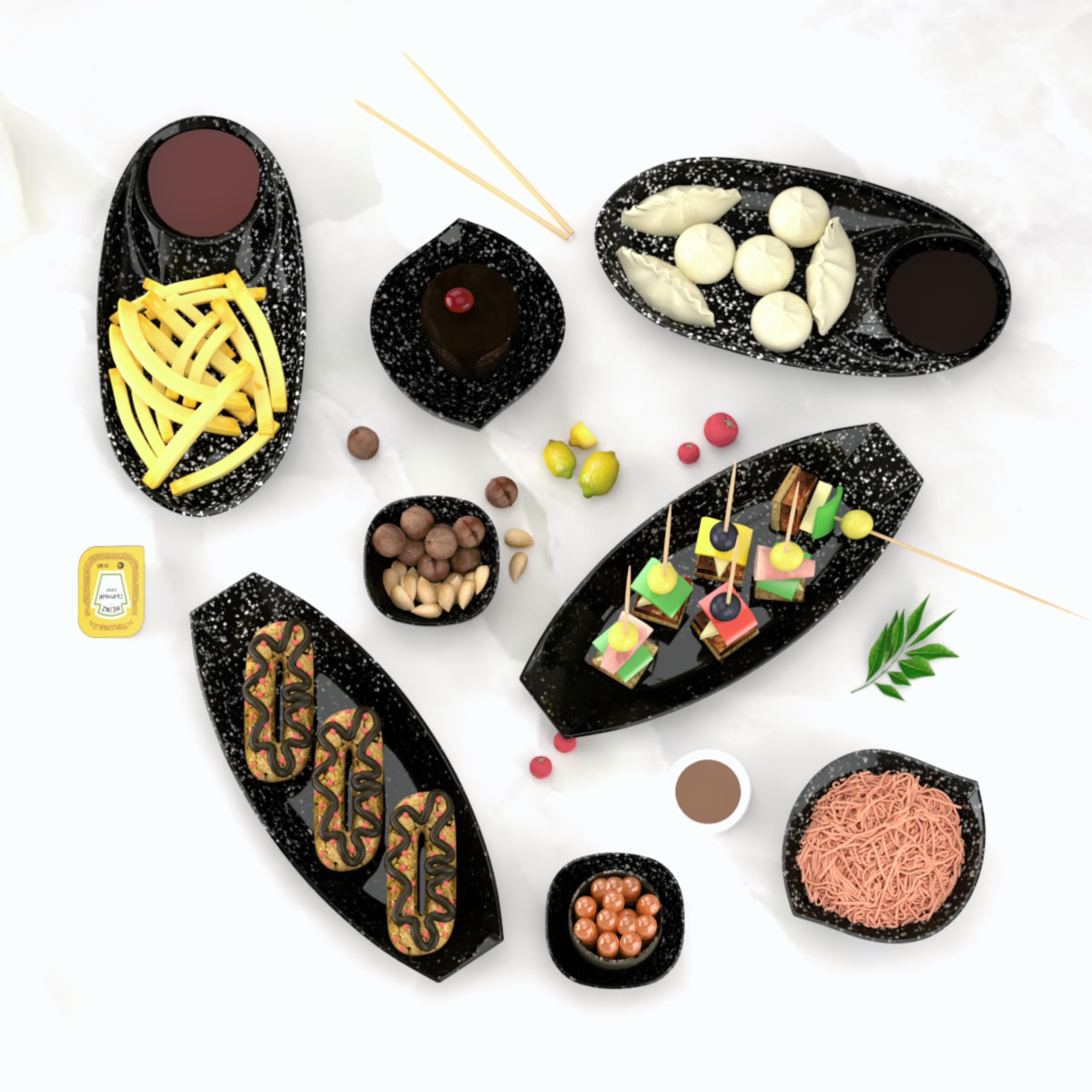 Laurel Peony Multi-Purpose Kitchen Serving Platter: Deluxe Melamine Crockery Set of 8 - Versatile Chip and Dip Tray for Snacks, Starters & Desserts (Marble Black)