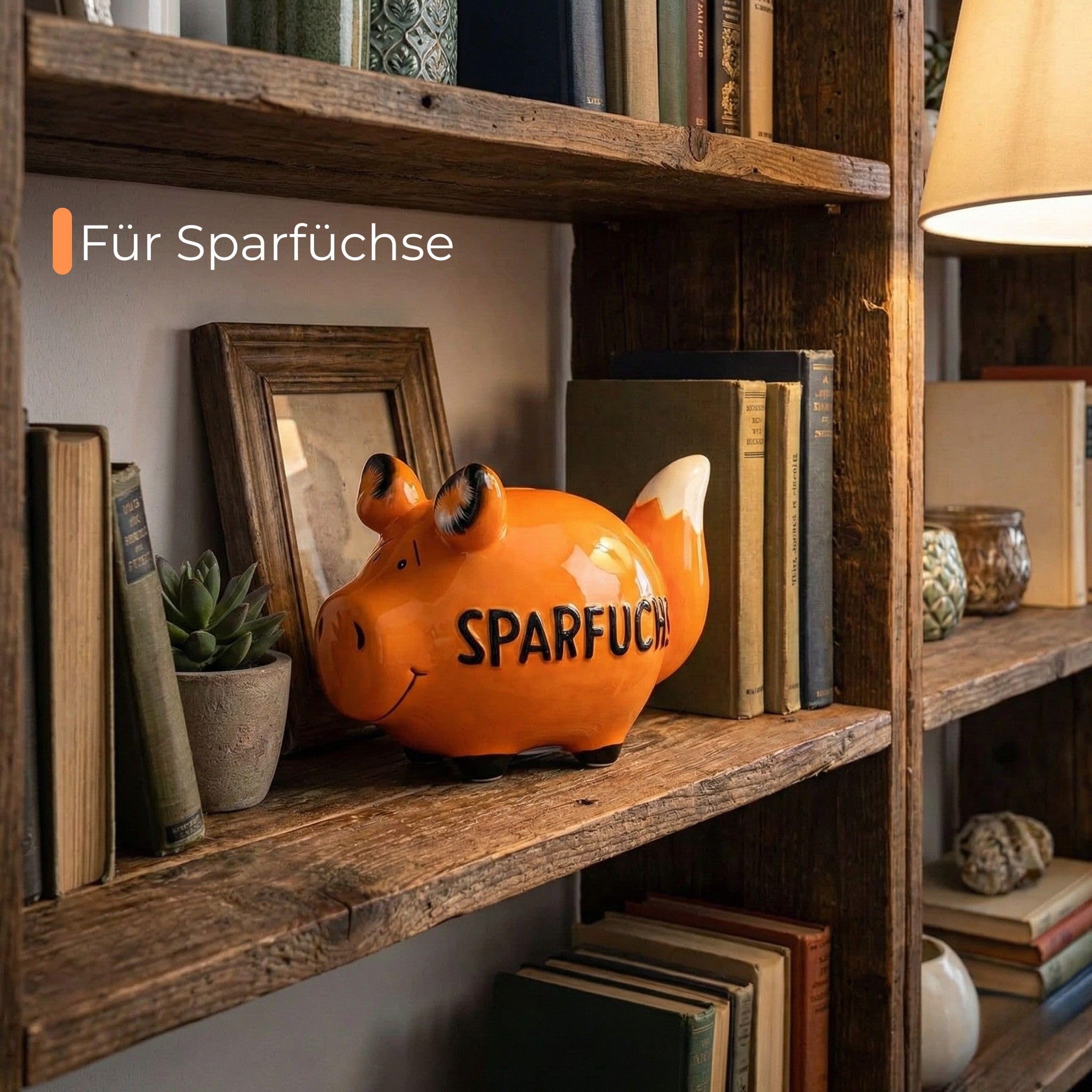 Lustiges SPARFUCHS Sparschwein orange - große 15 cm Keramik Spardose