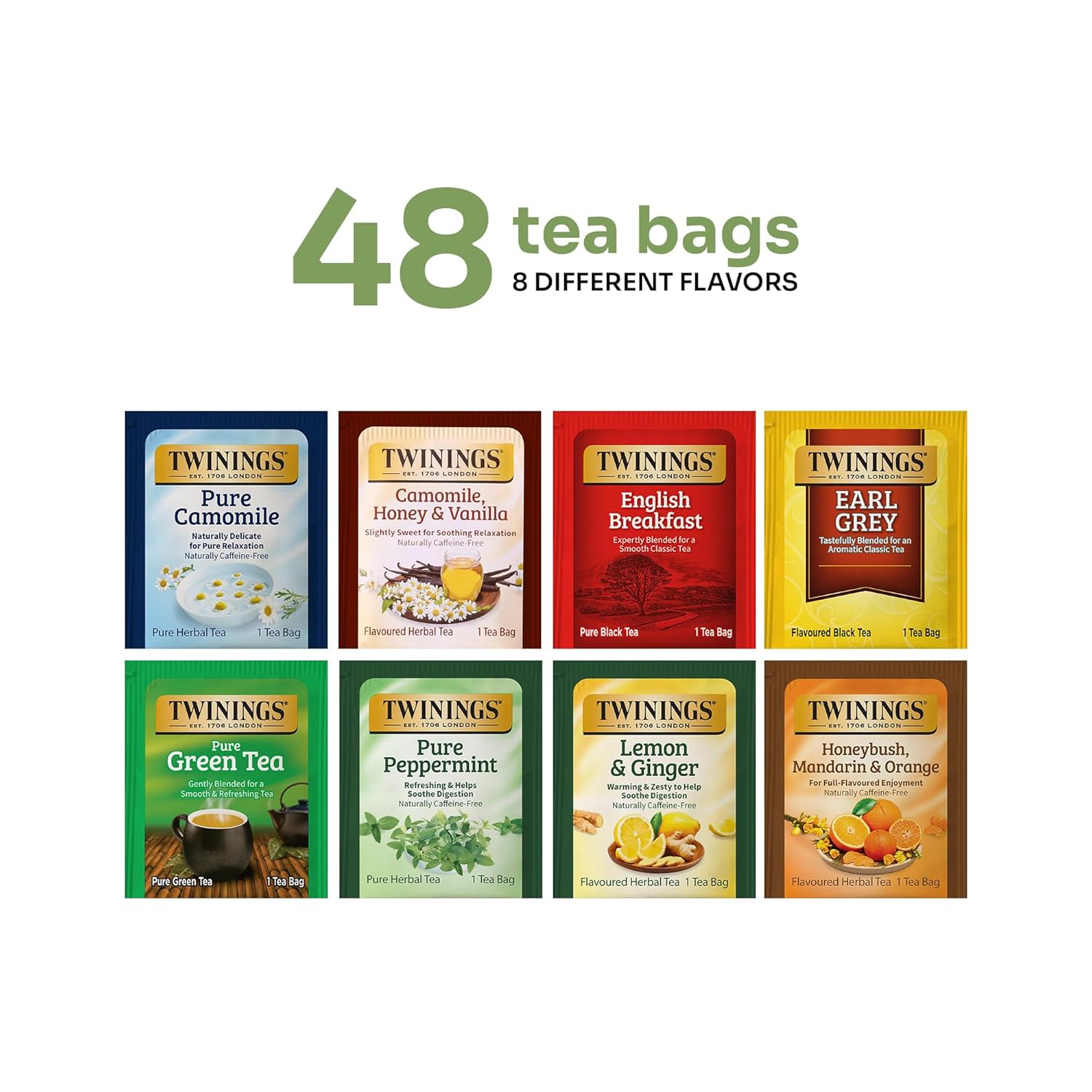 Twinings 48 Tea Bags Herbal Variety Pack – 8 Flavors Individually Wrapped, Mix of Black, Green, and Herbal Teas, Perfect Tea for Any Occasion