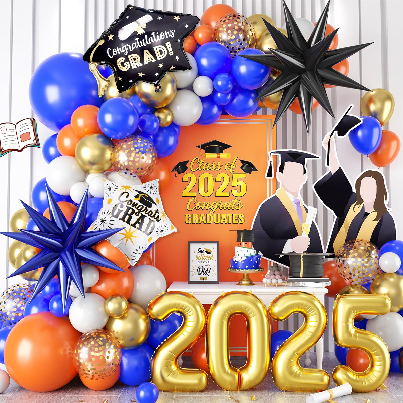 Graduation Balloons Arch Garland Kit, Graduation Party Decoration, Blue And Orange Balloon Star Balloon with Congrats Grad Hat 2025 Banner for College
