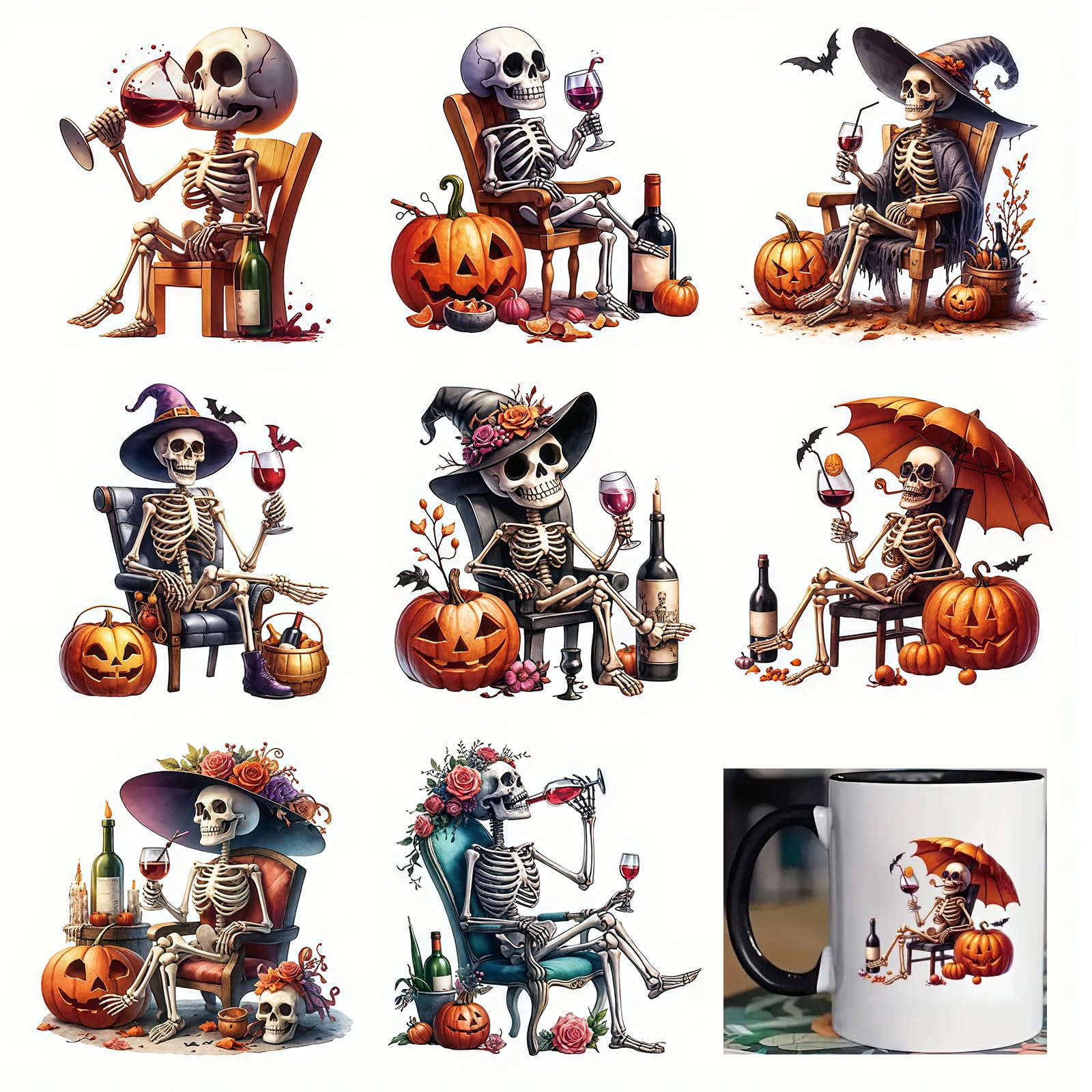 8pcs Halloween Drink Skull Pumpkin UV DTF Cup Wraps Transfer Waterproof Sticker for Glass Cups Furniture Craft DIY Crafts，Rub on Transfer Stickers for DIY Water Bottle Laptop Decal Wood Car