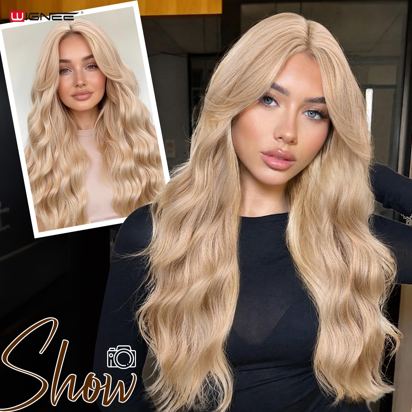 WIGNEE Lightweight Wavy Lace Part Wig with Curtain Bangs