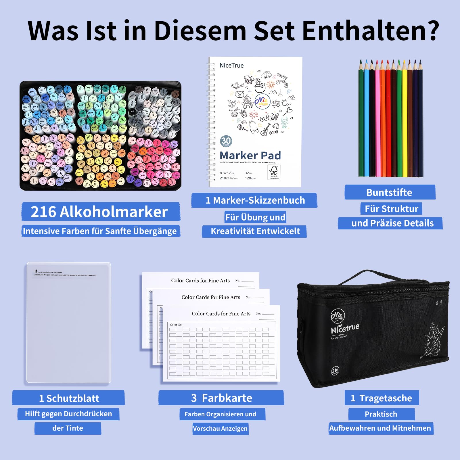 Alkohol Marker 216 Farben, Pinselspitze & Keilspitze Marker Set | Für Erwachsene & Künstler mit Skizzenbuch, Buntstiften, Farbkarte, Schutzblatt und Aufbewahrungstasche