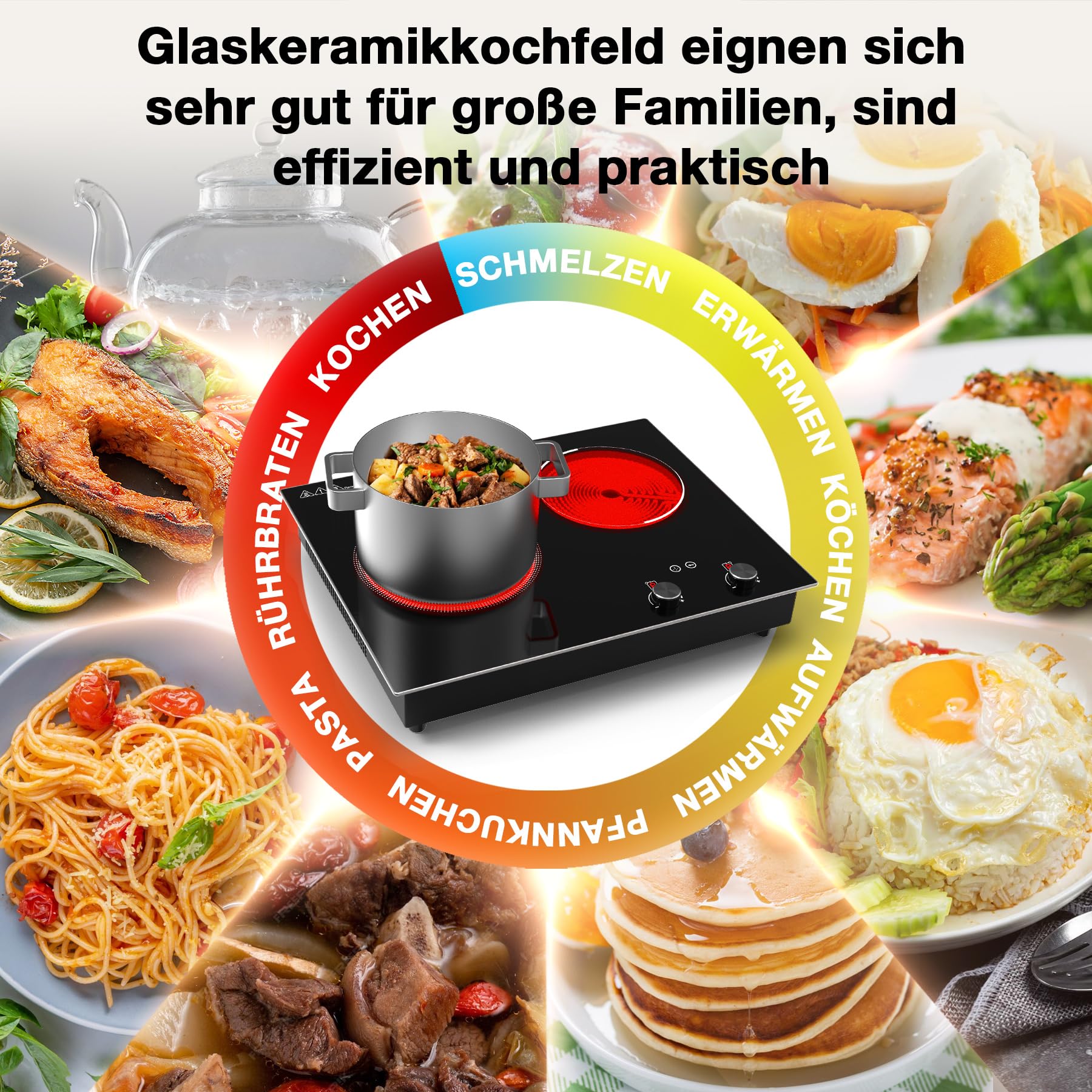VBGK Cerankochfeld 2 Platten 3000 W Einbau Kochfeld mit 9 Heizstufen Timer Kindersicherung LED-Touch-Steuerung