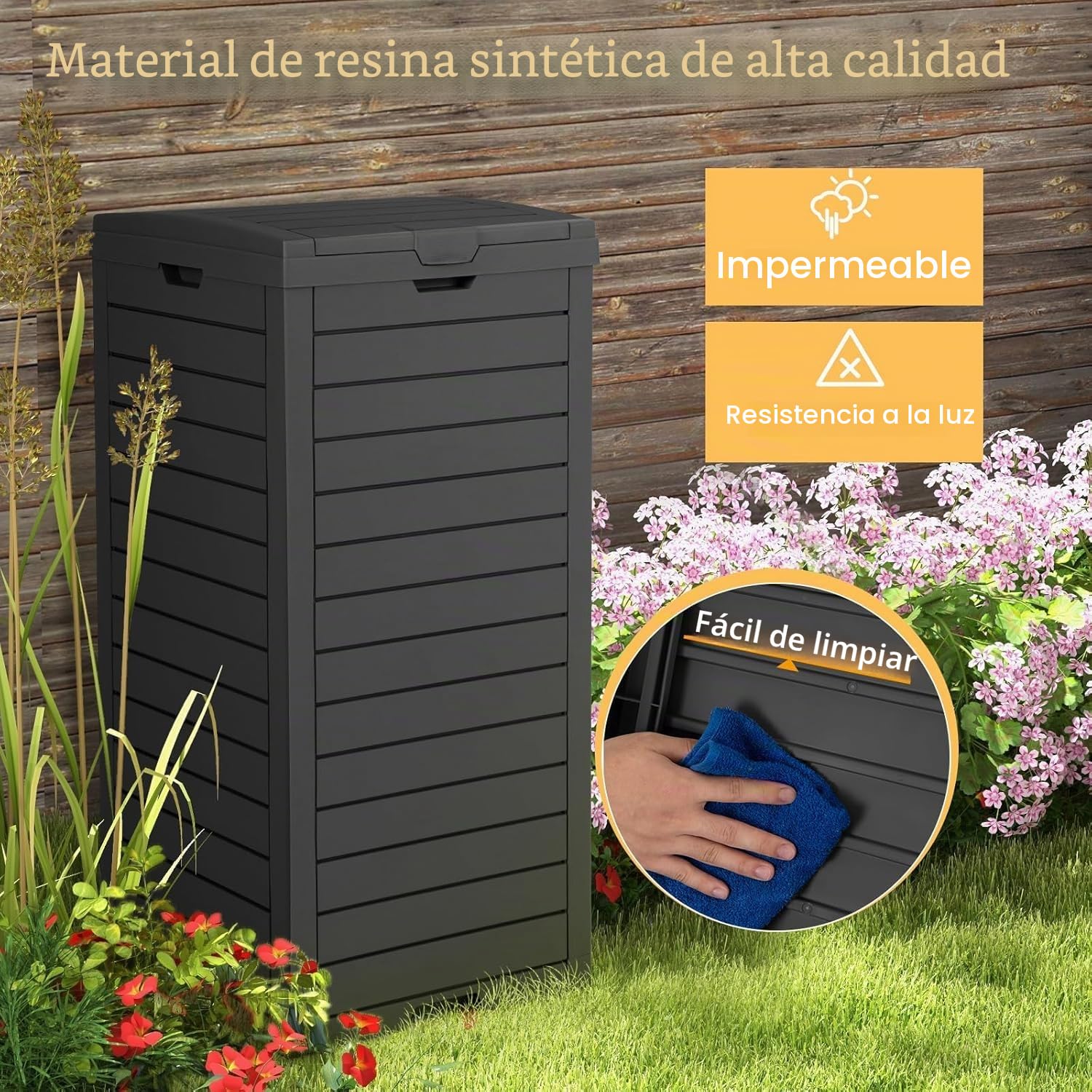 FANTASK Cubo de basura de 118 litros con tapa con bandeja extraíble y asa, cubo de basura para exteriores, para jardín, en negro, resistente al agua para porche, patio trasero, terraza