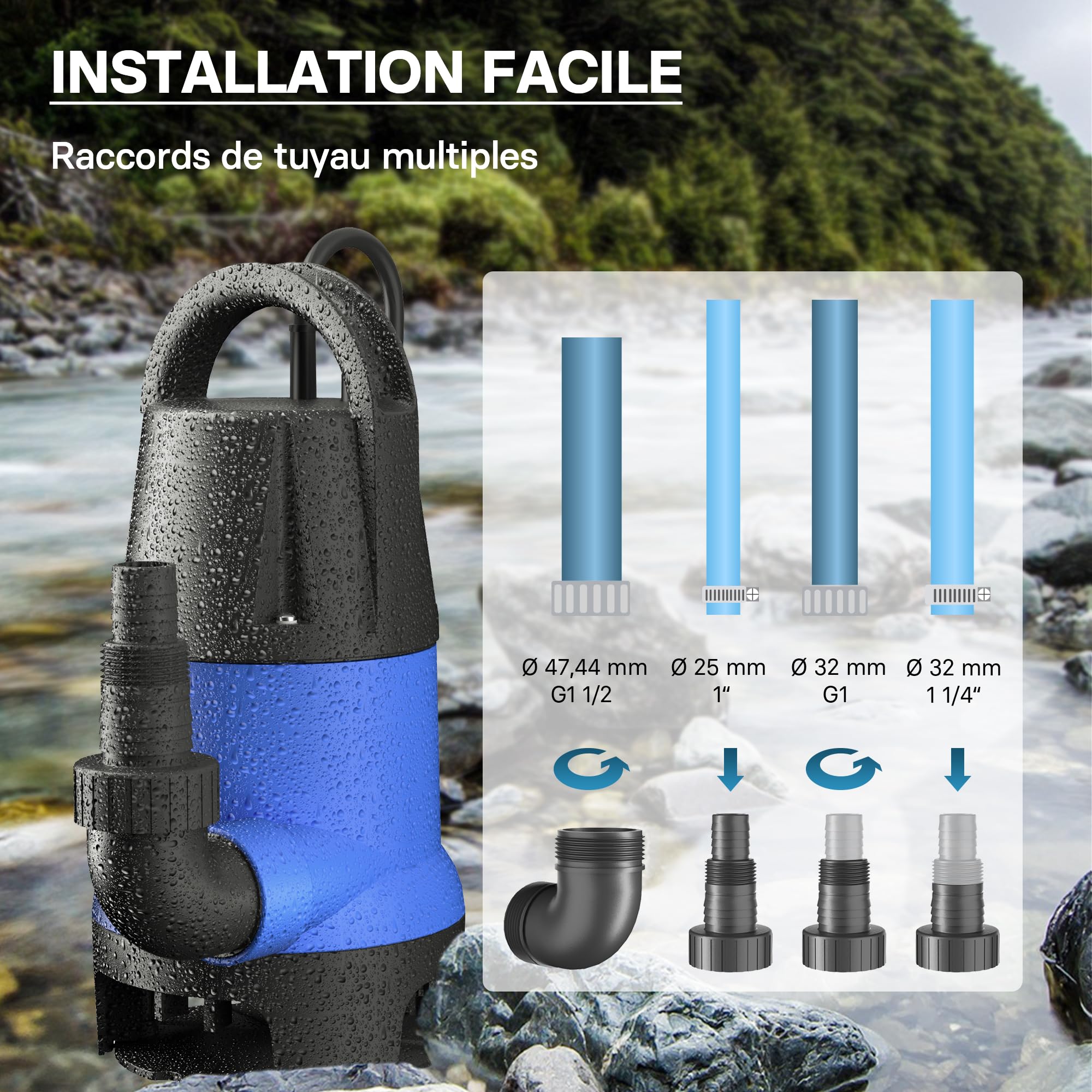 Wiltec Pompe électrique pour eaux sales – Submersible – 400 W / 7500 l/h – Refoulement max. 5 m – avec Flotteur – Particules jusqu’à Ø 35 mm – Arrosage Irrigation Jardinage Évacuation Drainage