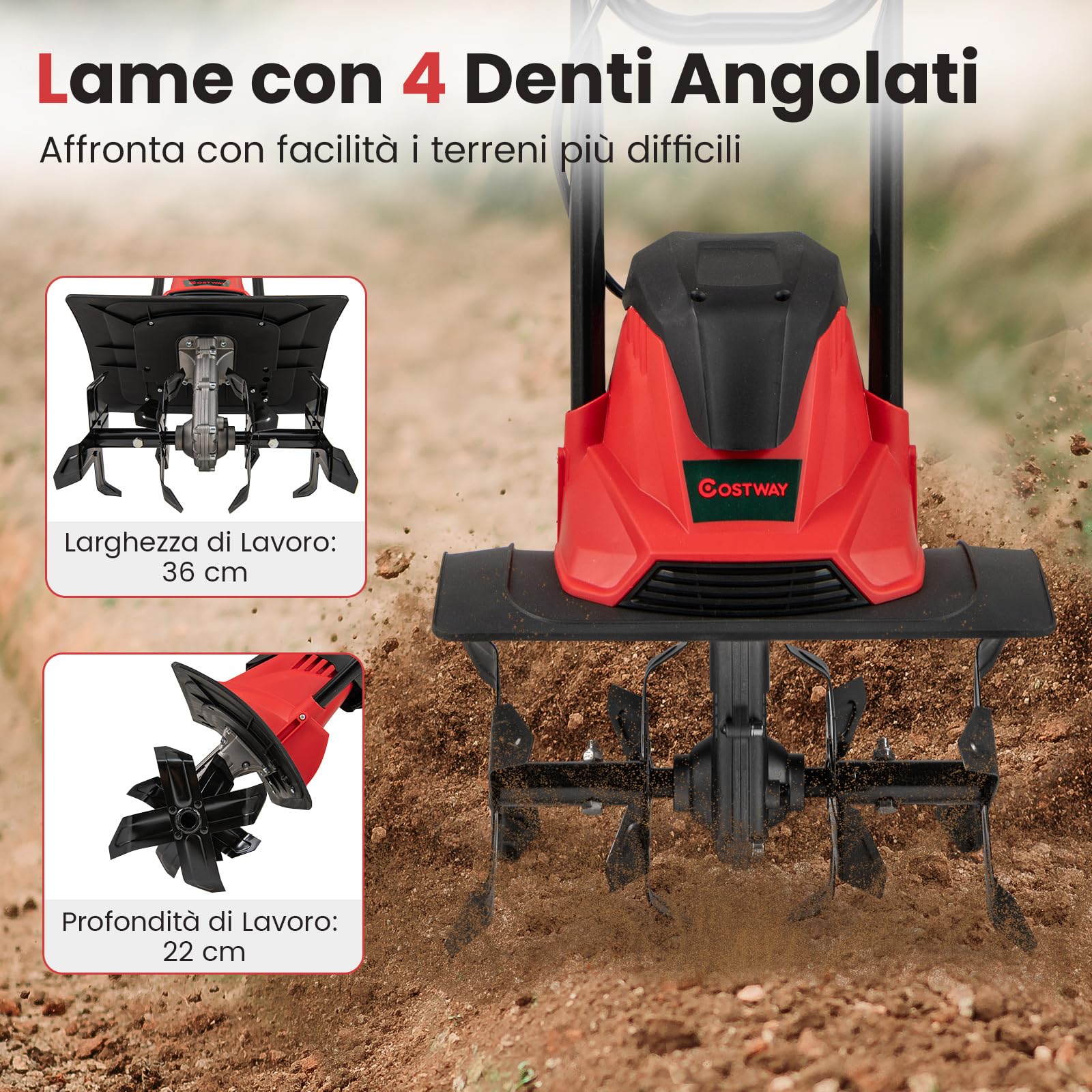 RELAX4LIFE Motozappa Elettrica 1200W/750W, Zappatrice con Larghezza di Lavoro: 36cm/32cm, Profondità: 22cm, Pulsante di Sicurezza e Maniglia Pratica, Motozappa per Giardino e Prato (Rosso | 1200W)