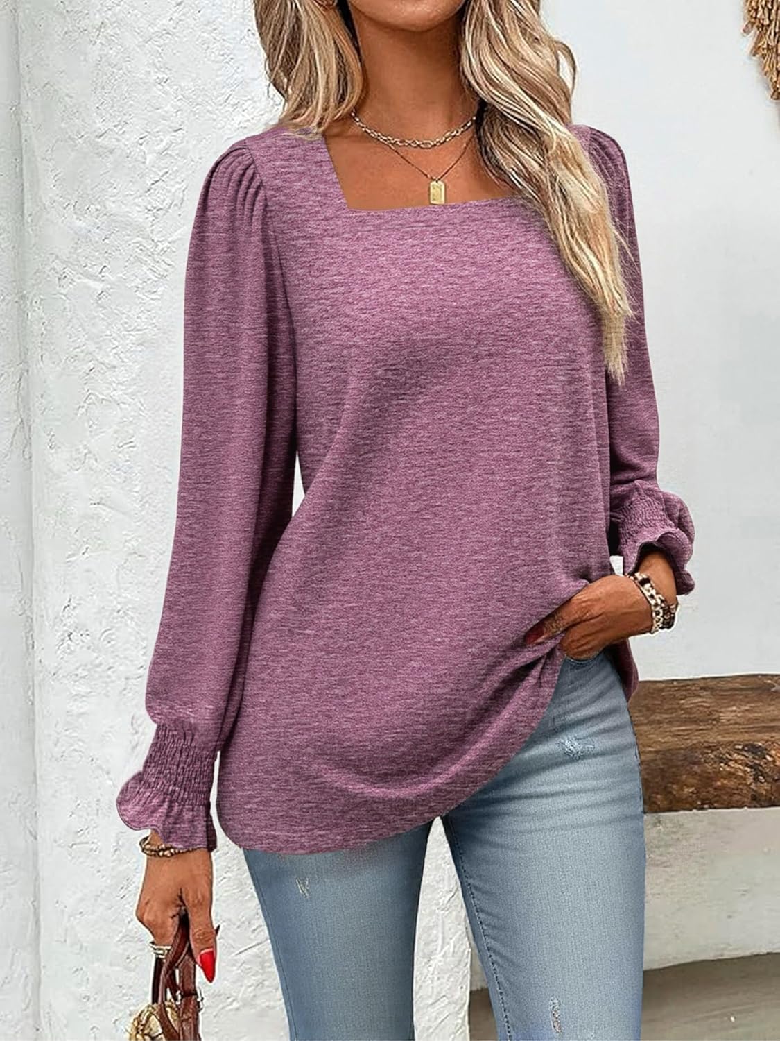 Women's Puff Sleeve Square Neck Shirt Loose Fit Casual Top Long Sleeve Blouse for Fall Winter - Image 4