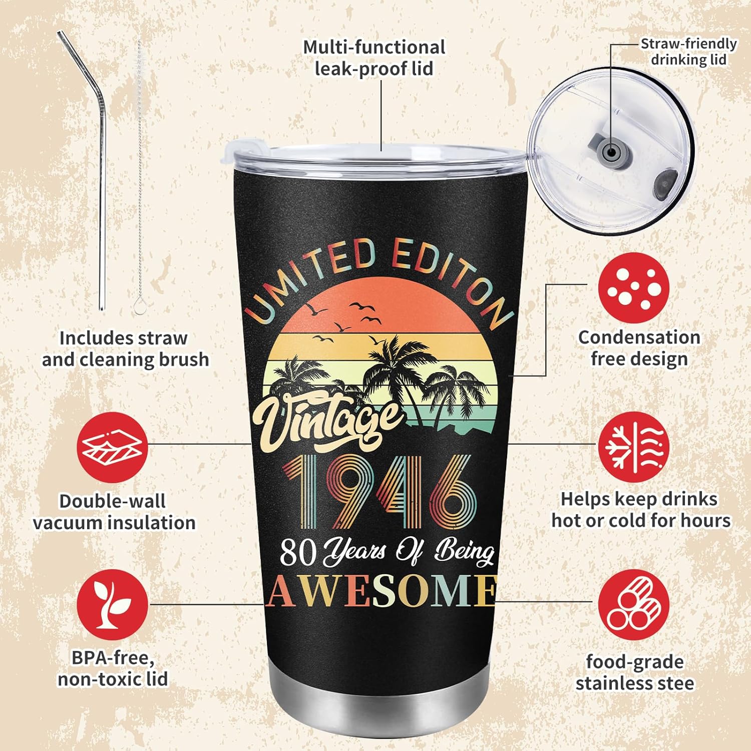 AFRITEE 80th Birthday Gift for Him, Vintage Tumbler Creative 80th Birthday Gifts for Men, 1946 Birthday Gift Funny 20 oz Coffee Cups with Brush Straw and Straw for Dad Grandfather and Friends - Image 6