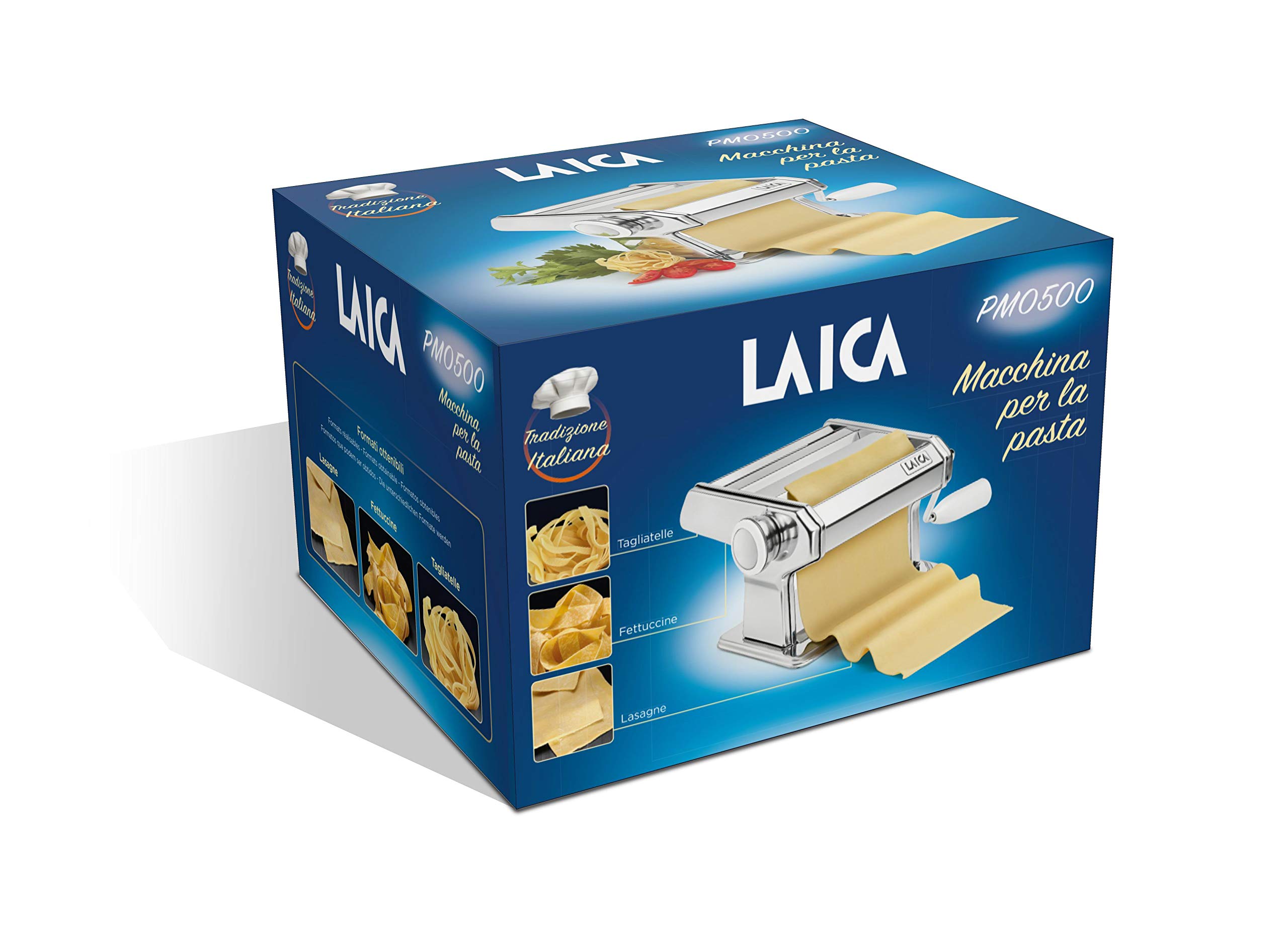 Máquina para hacer pasta Laica PM0500 en acero inoxidable, incluye manivela y pinza de sujección. Rueda con 7 ajustes. Se le puede añadir motor.
