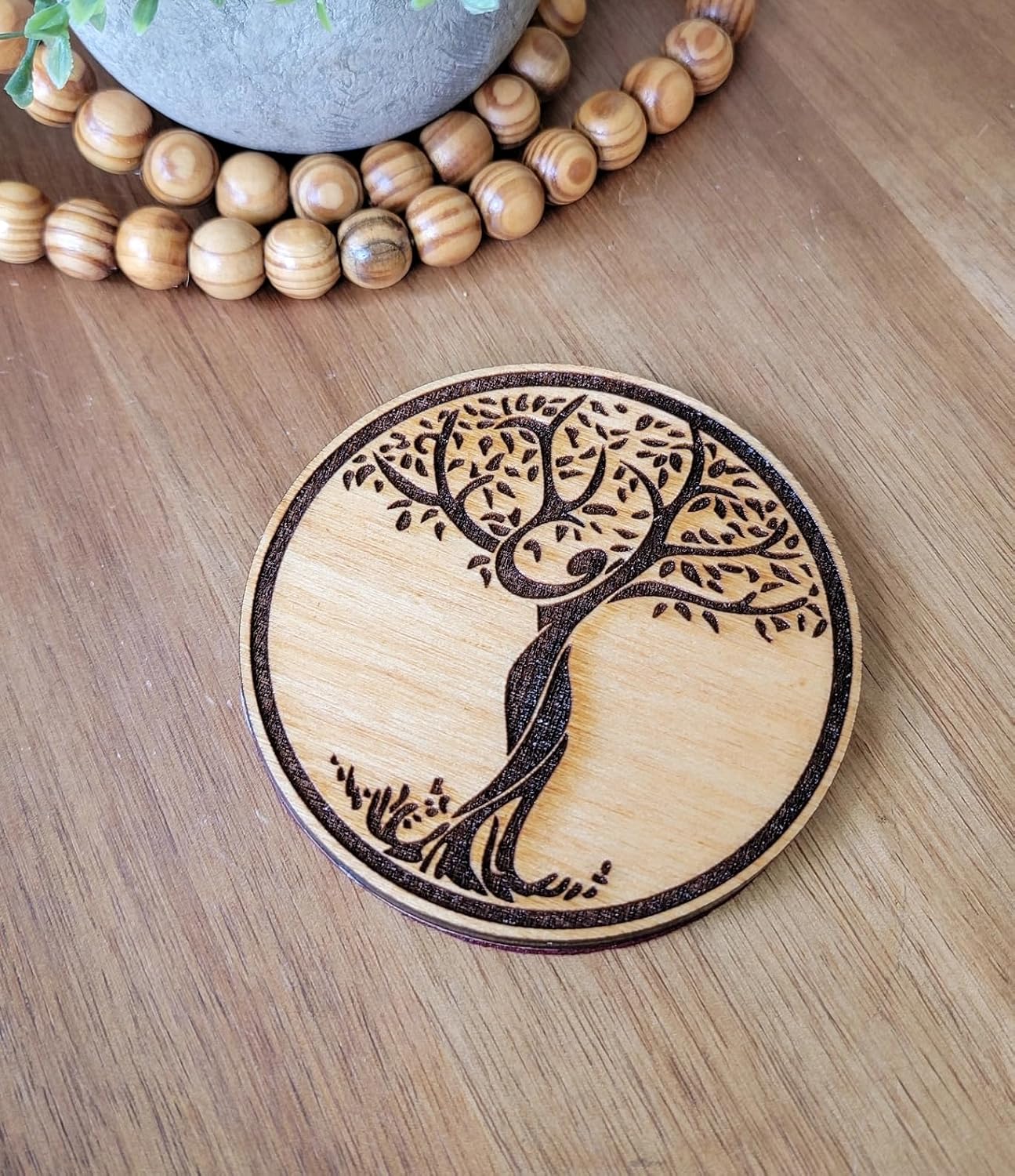 Rustic Wood Coasters for Nature Lovers | Tree of Life Decorative Set 4pc | Coffee Table Decor | Modern Birch Wood Round Coasters with Felt Bottom