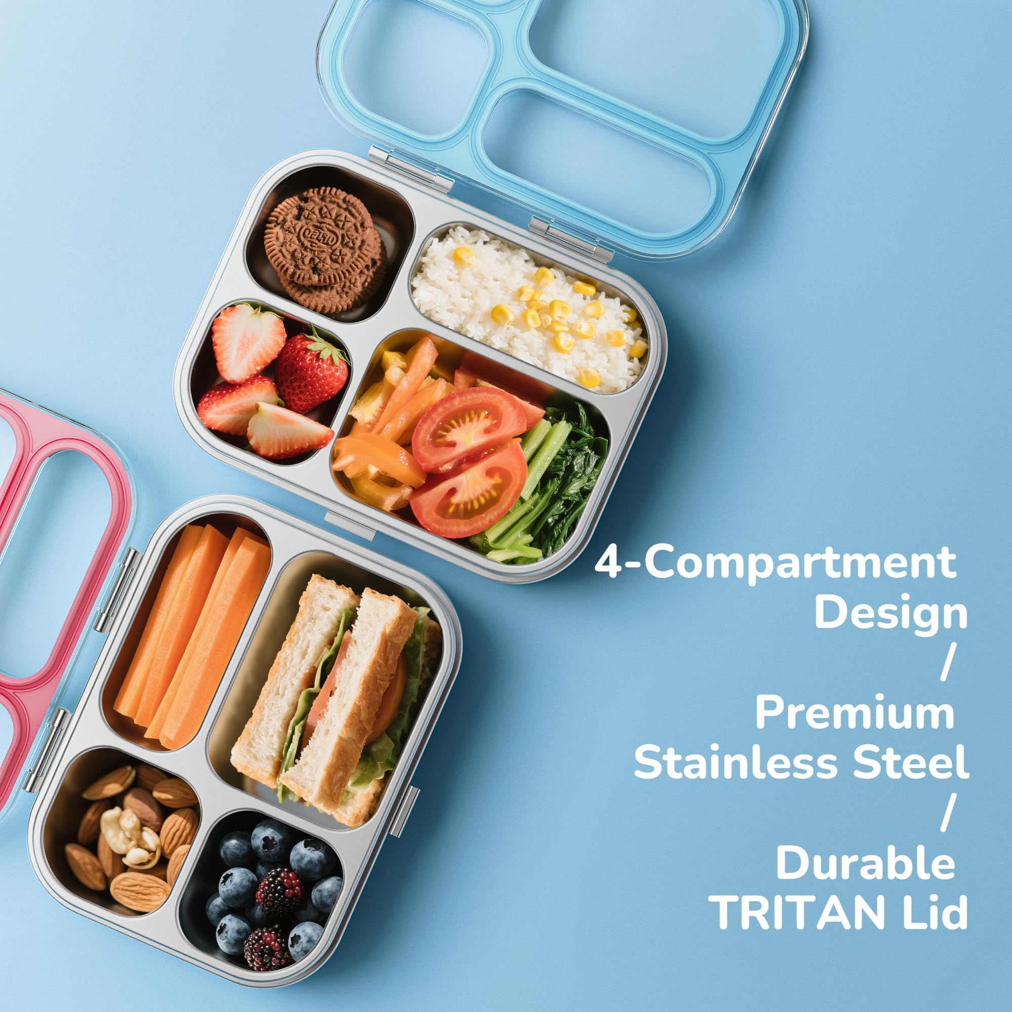 G.a HOMEFAVOR Boîte Bento en Acier Inoxydable 304 800ml pour enfants Boîtes-Repas 4 Compartiments Boîte Lunch Boite pour Le Déjeuner Alimentaires Bento Box étanches, lavable au lave-vaisselle, Bleu