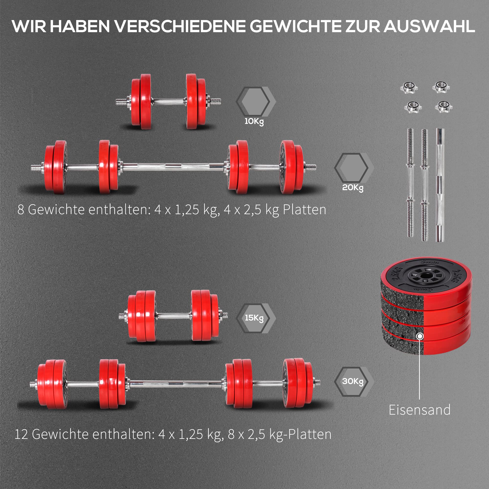 HOMCOM Zestaw hantli 20/30 kg, 2 w 1, hantle i długie hantle, regulowane do podnoszenia ciężarów, do domu, fitnessu, mięśni, kolor czerwony + czarny