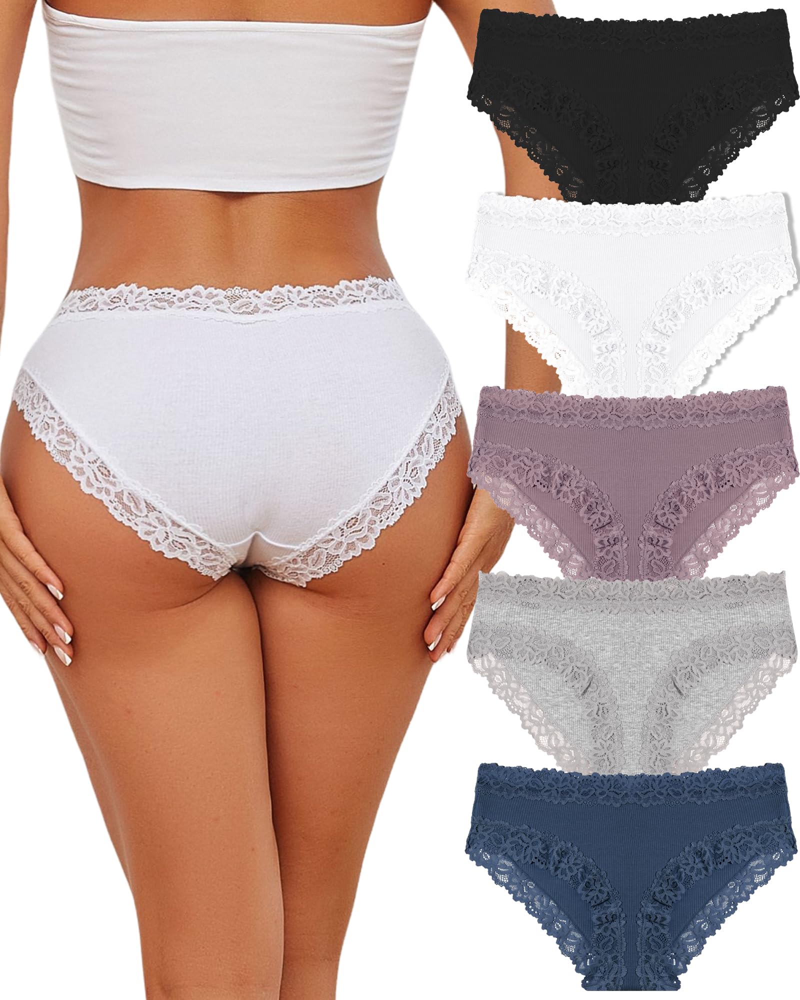 FINETOO 5er Pack Unterhosen Damen Baumwolle Unterwäsche Frauen Brazilian Slip Baumwoll Spitze Underwear Soft Hipster Sexy Panties Atmungsaktiv Pantys Unterhose Mehrpack S-XL,XL