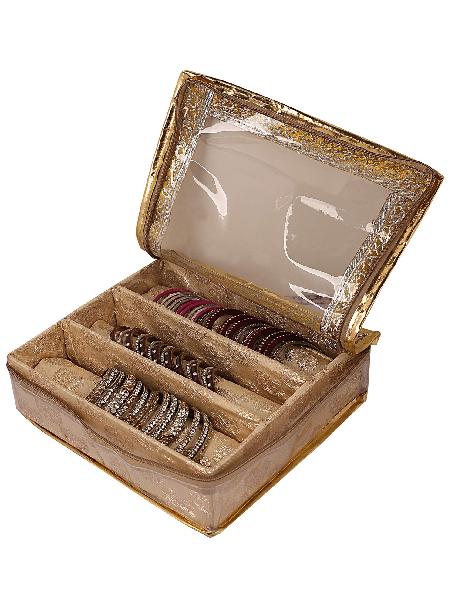 Kuber Industries Brocade Cloth 3 Rod Bangle Box, Gold