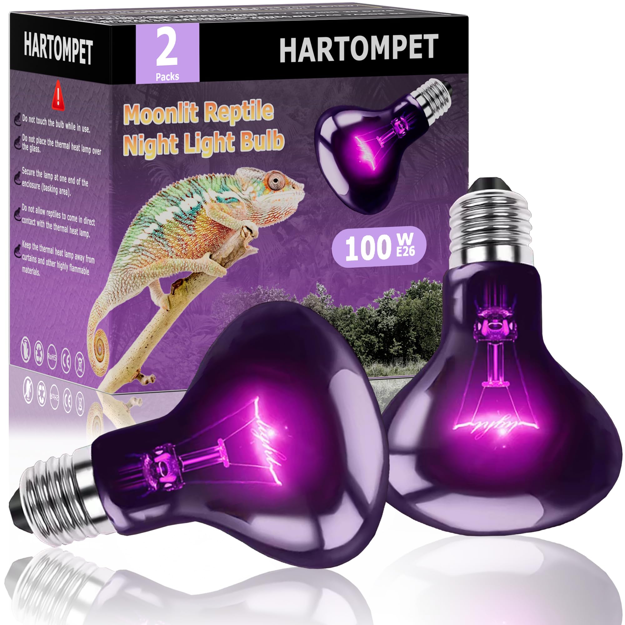 100W Reptile Night Light Bulb - UVA Heat Lamp - Simulates Natural Moonlight, Purple Basking Lamp for Bearded Dragons, Lizards, Chameleons and Amphibians - Ideal for Reptile Aquariums &amp; Tanks