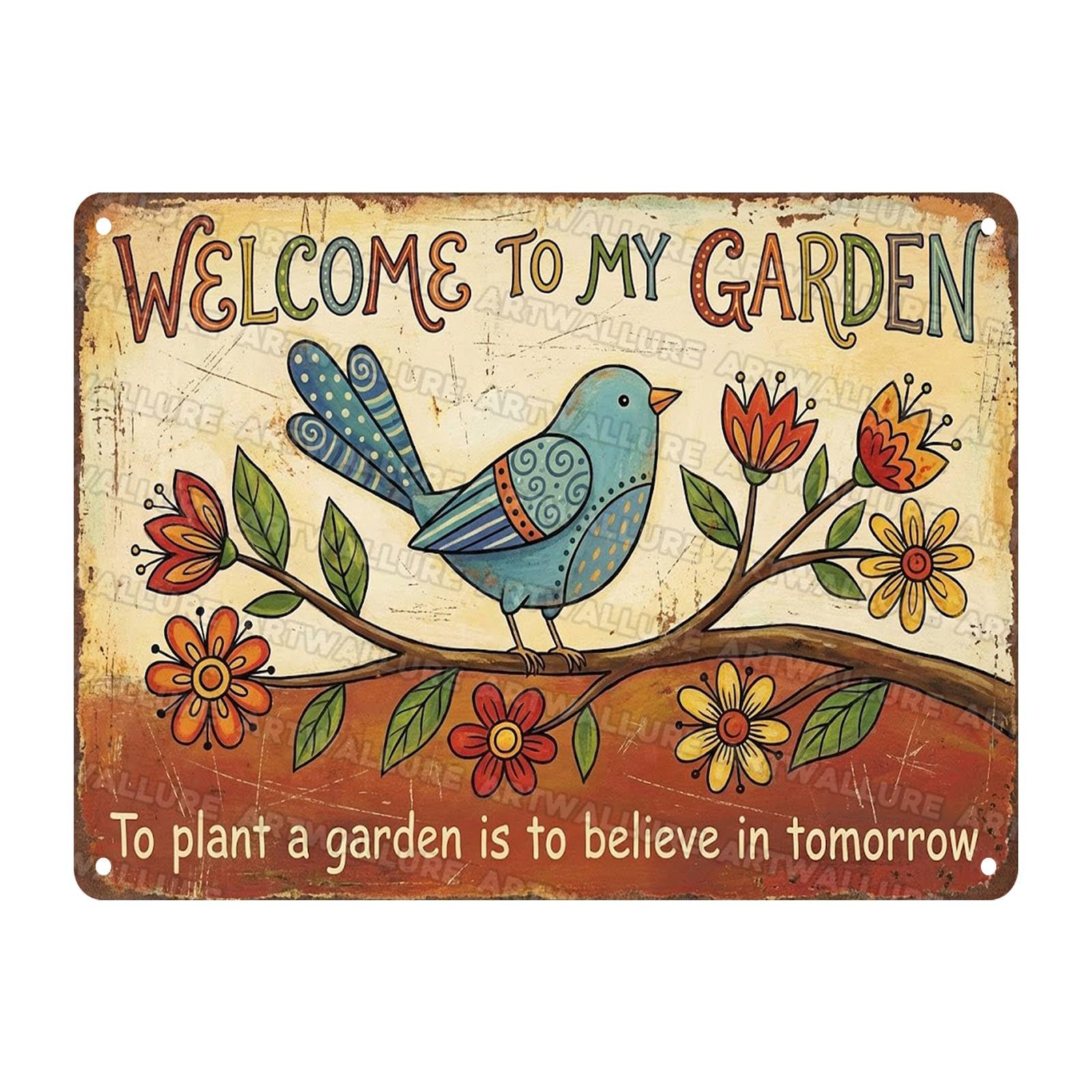 Garden Welcome Sign Retro Bluebird Flower Metal Wall Decor To Plant a Garden is to Believe in Tomorrow Vintage for Patio Porch Yard Decor 12x16Inch