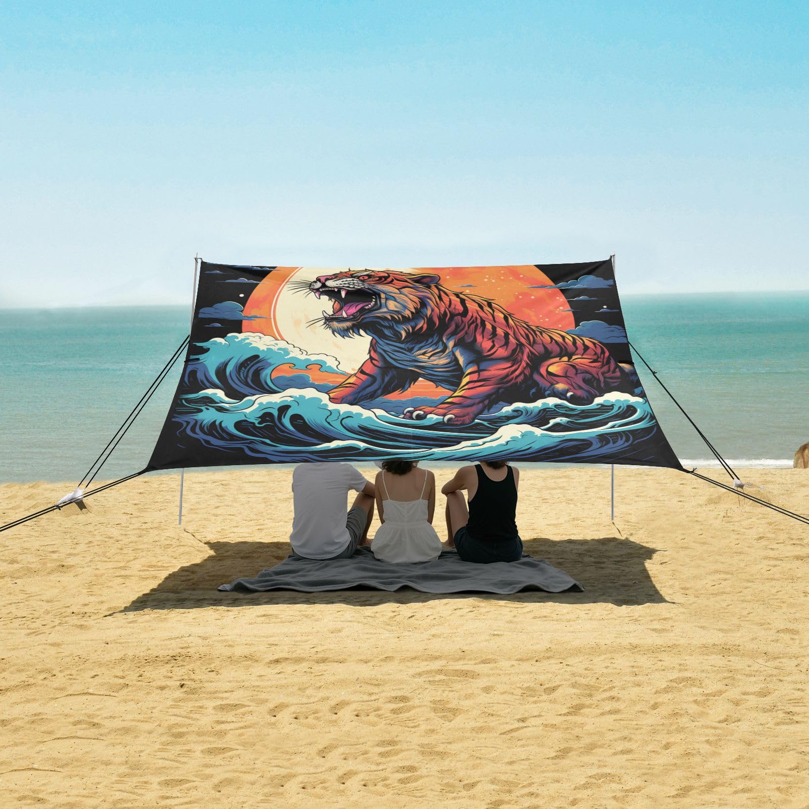 Acuarela Arte Tigre Luna Tienda de Playa de FáCil Montaje,Toldo Parasol para Camping con Sacos de Arena,Palas y Estacas para Picnics Al Aire Libre
