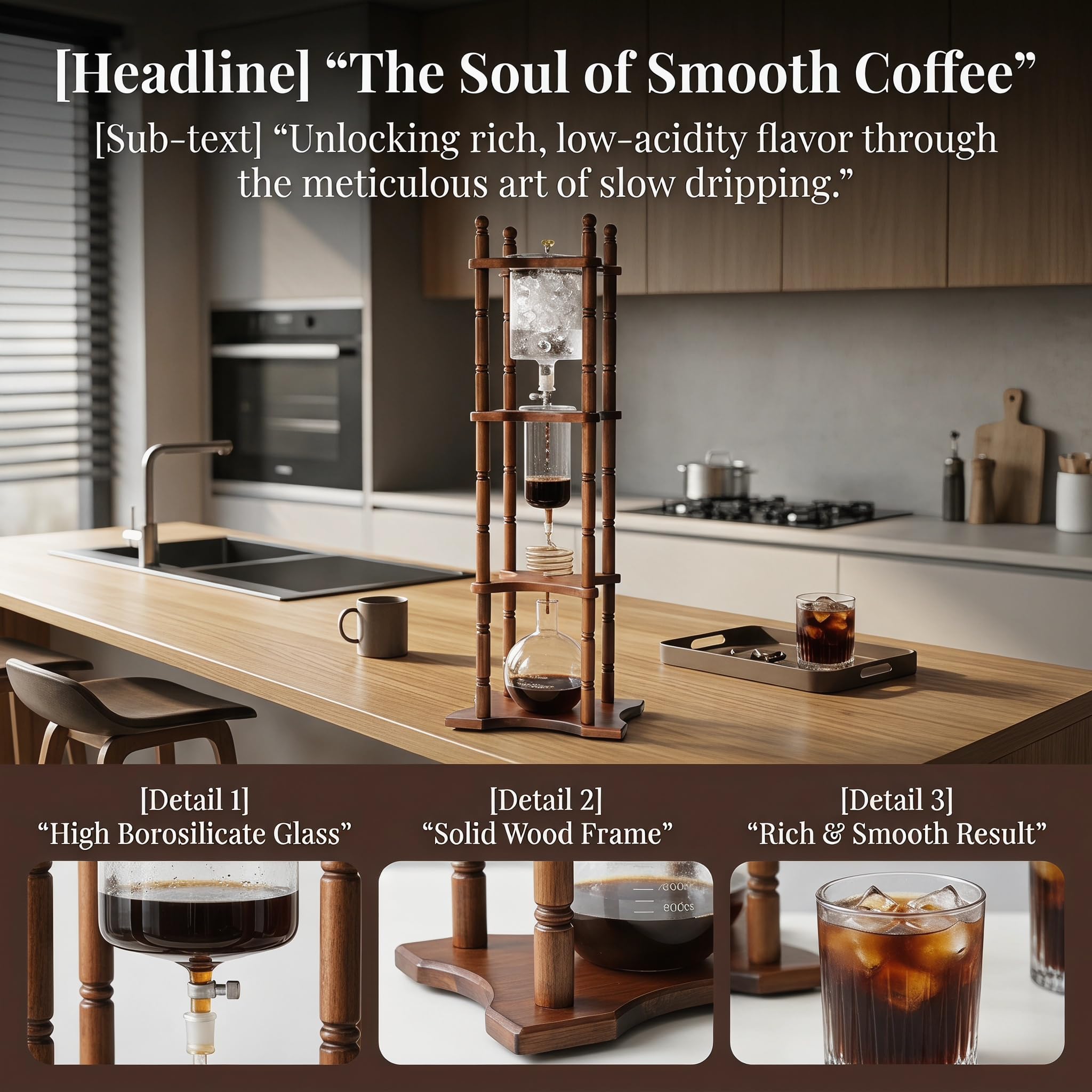 Cafetera De Goteo para Café Helado De 3000 Ml, Torre para Preparar Café Frío De 25 Tazas, Tasa De Goteo Ajustable, Filtro De Tela, Marco De Madera Maciza, para Amantes del Café Y El Té