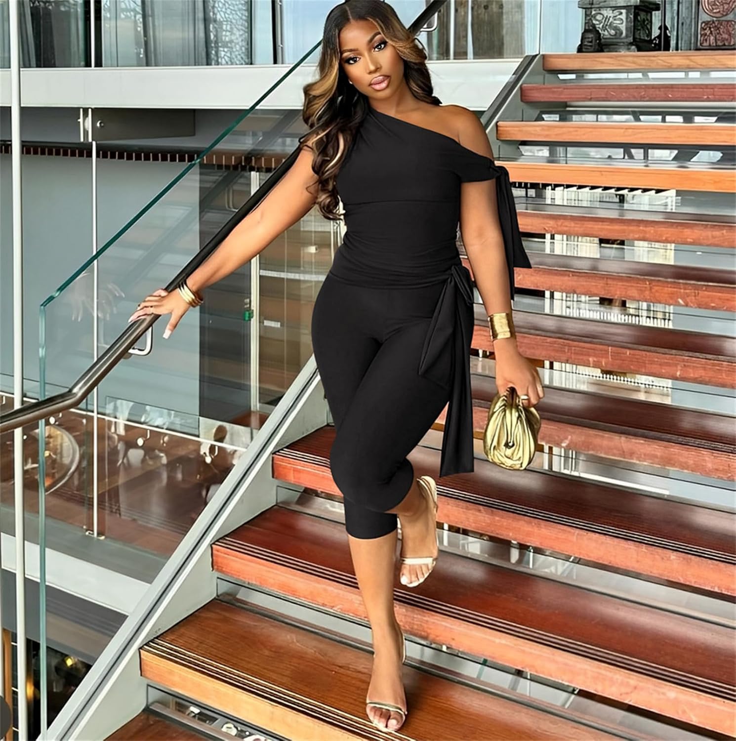 Elainone Capri Sets Women 2 Piece Outfits Sexy One Shoulder Sleeveless Crop Tops Bodycon Pant Sets - Image 5