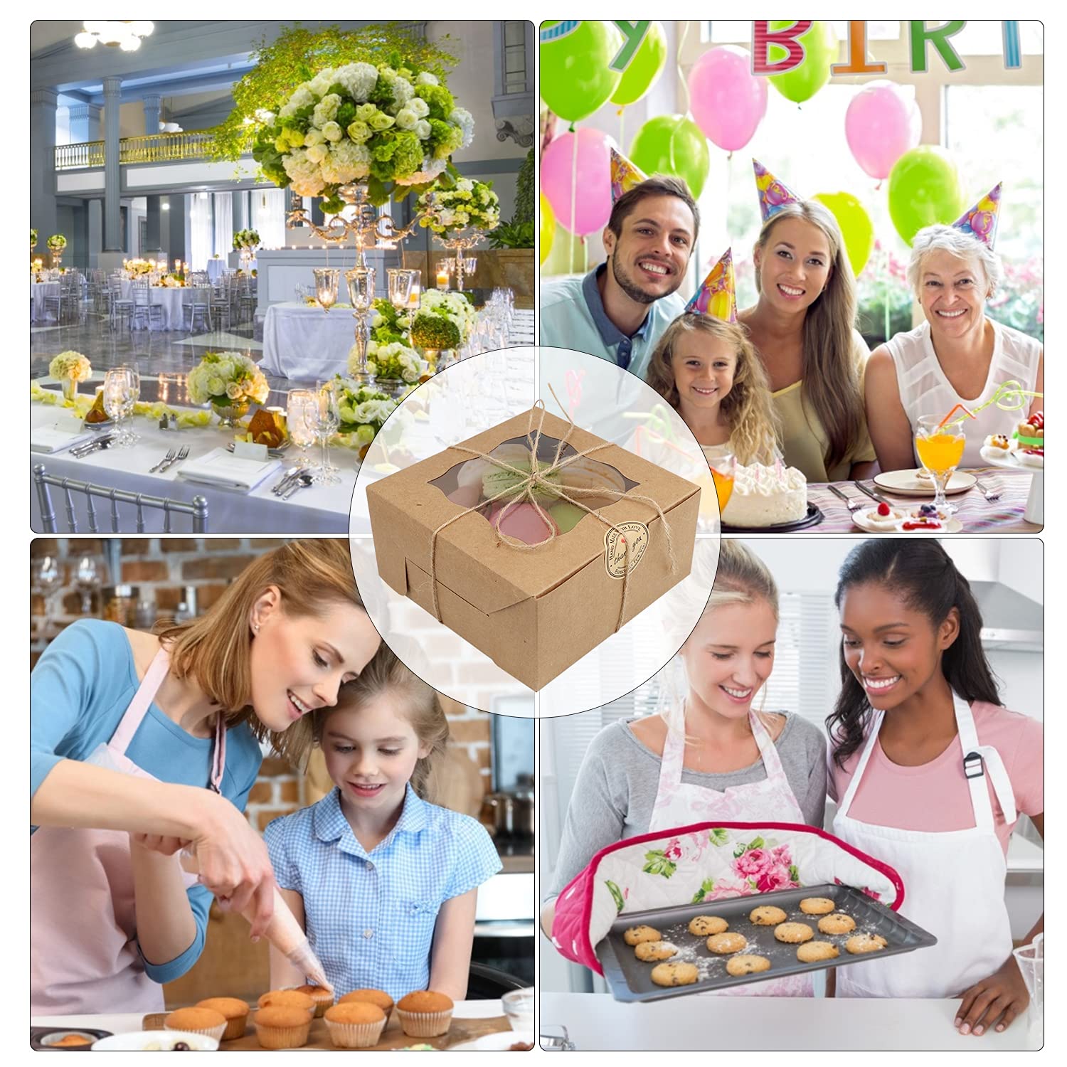 30 scatole in carta kraft da 15,2 cm con finestra, scatole da forno marroni, scatole per biscotti con display, scatole per brownie, scatole regalo in cartone con adesivi per cupcake, pasticcini