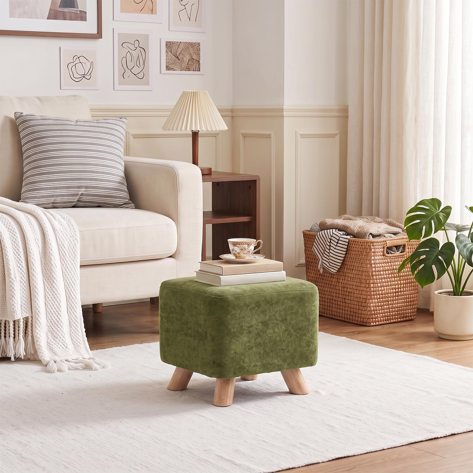 INMOZATA Footstool Chenille Upholstered Foot Stool, Olive Green, 28D x 28W x 26H cm - Image 2