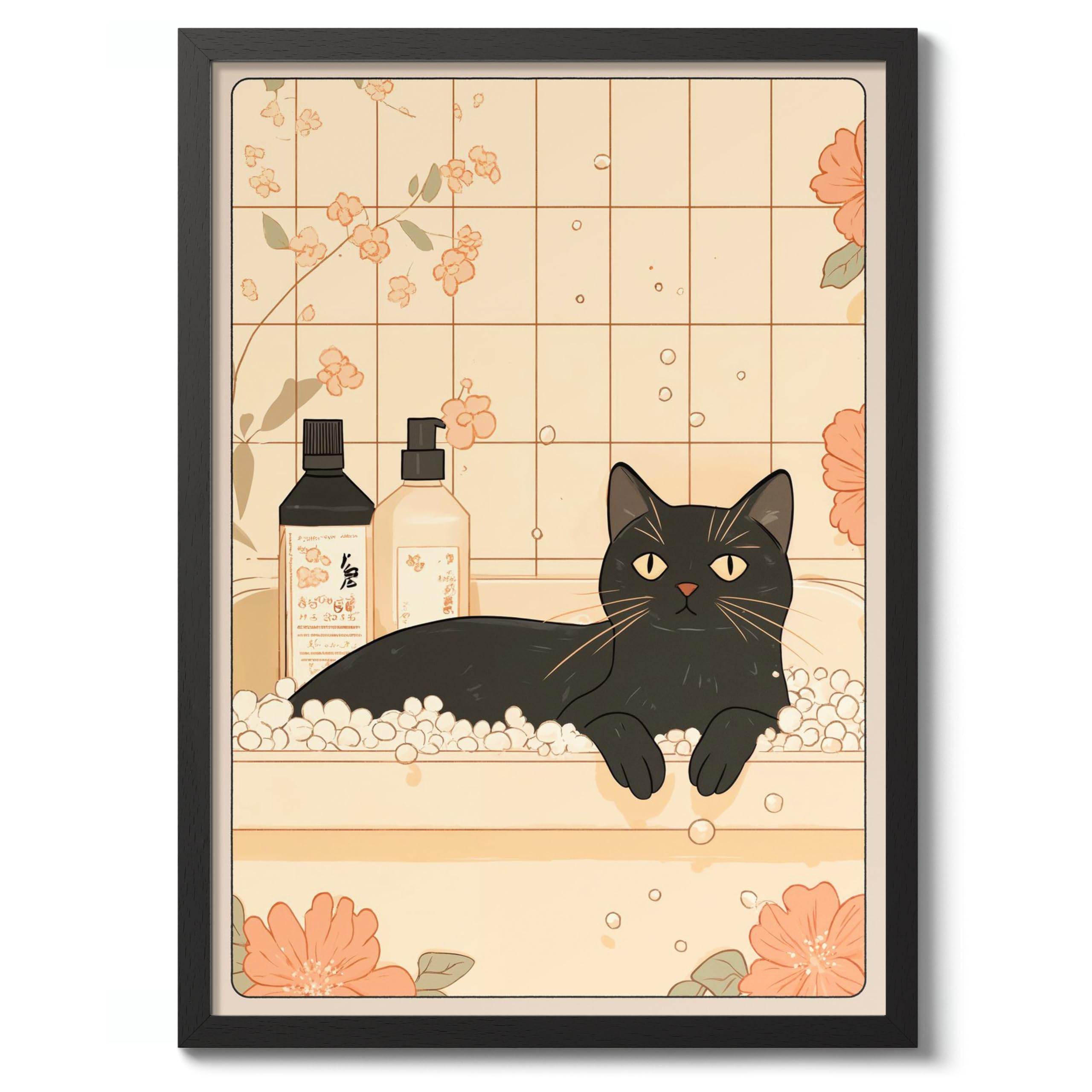 Black Cat In Bath Anime Animal Poster, Funny Bathroom Wall Art Print, Manga, Bathroom Wall Art, Toilet Decor, A1 (Black Frame) - 86.9x62.4cm — image 1