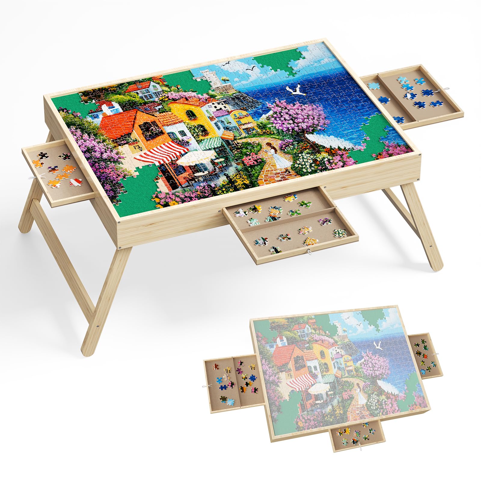 1500 Pezzi Tavolo Puzzle Portatile con Gambe, 90x 69cm, in Legno Regolabile con 3 cassetti e Copertura,3 Angoli di inclinazione, Tavolo Puzzle per Adulti