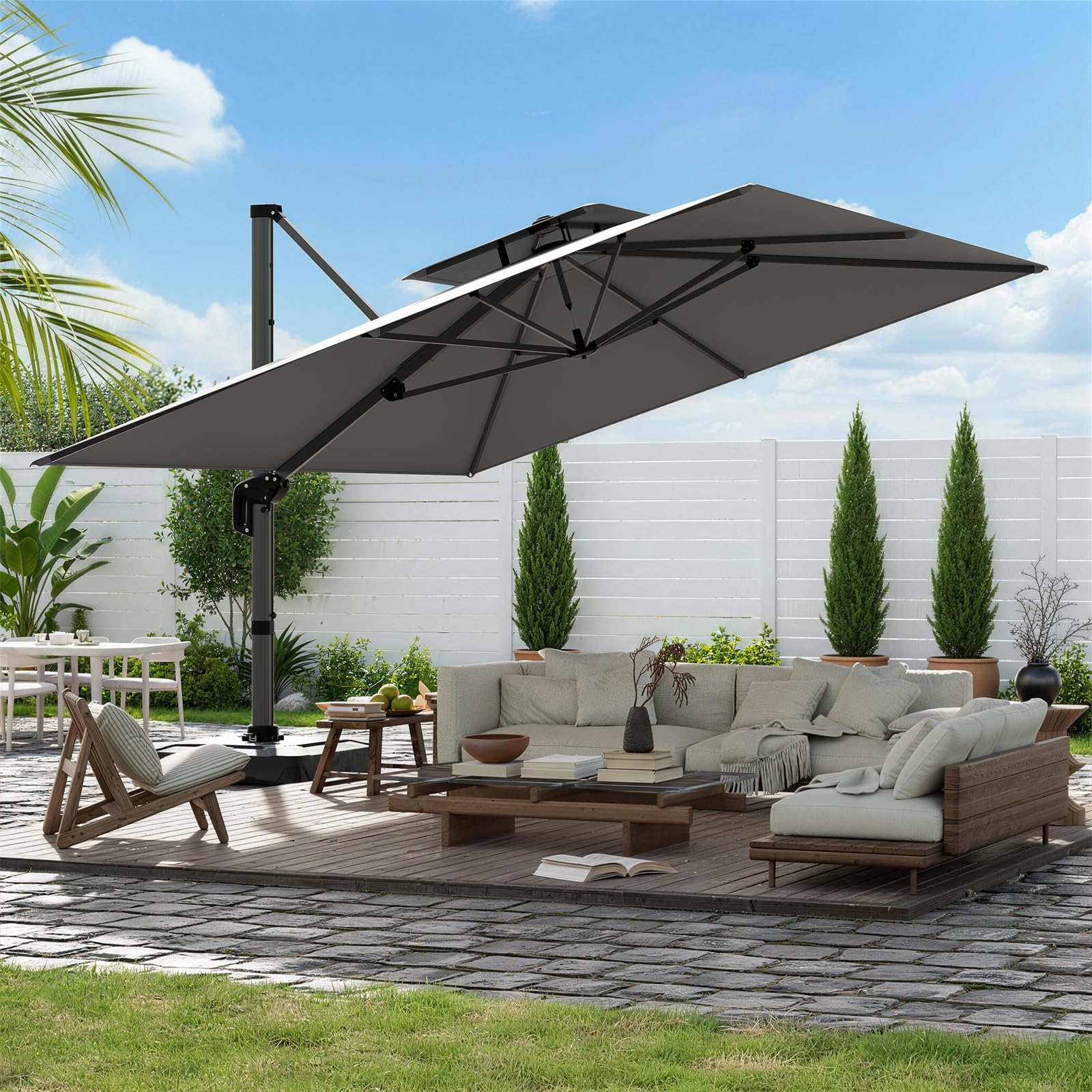 UDPATIO Sonnenschirm 400 x 300 cm Rechteckig mit Ständer, Ampelschirm Groß Aluminium, Marktschirm - Doppeldach, Gartenschirm 360° mit Kurbel, Balkonschirm, Sonnenschutz UV50+, (Grau Wasserdicht)