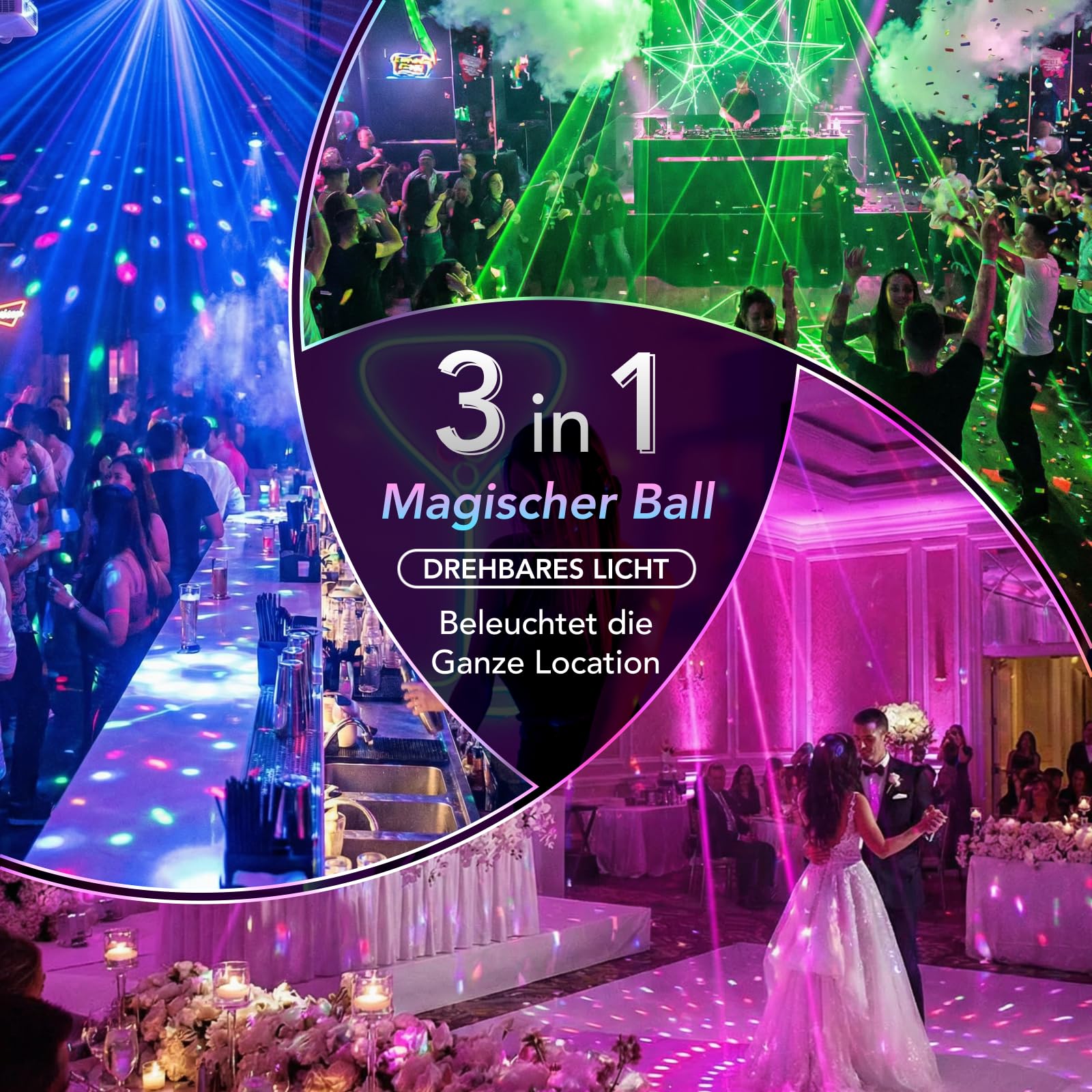 Tomshine Mini 3-in-1 UV Schwarzlicht Partylicht, Musikgesteuert Discolicht mit 72 Mustern & Rotierender RGB Magic Ball, Stroboskop Disco Lichteffekt mit Fernbedienung für Party, Bar, DJ