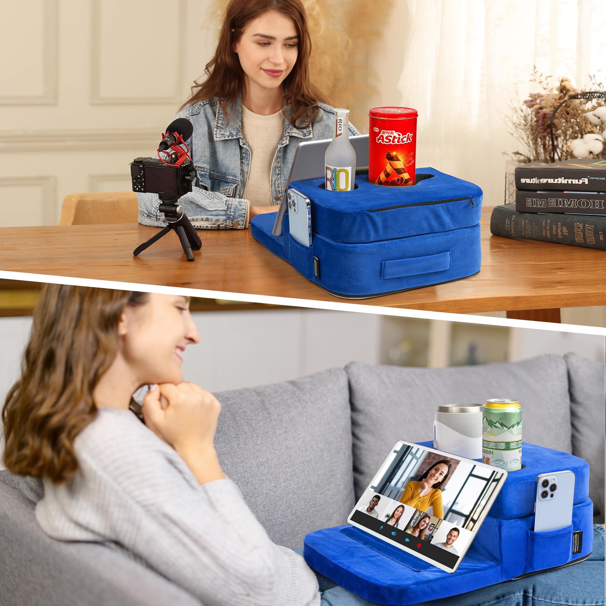 TabCouchCaddy - Couch Cup Holder Tray Pillow - Bed, Couch Caddy, Sofa, RV & Car - Holds Drinks, Snacks, Remotes, Phones, Kindle, Tablet | Bed Cup Holder (): Blue