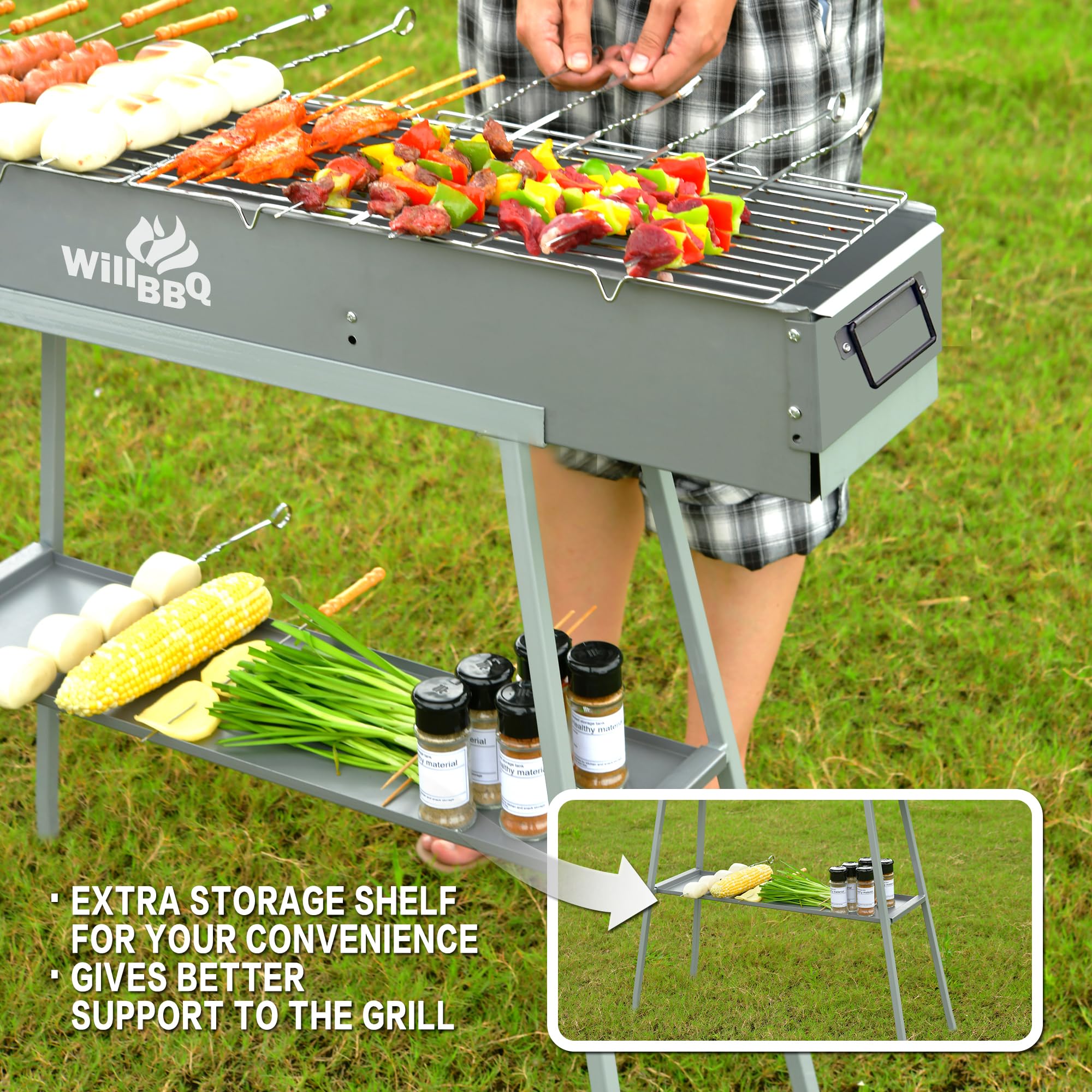 WILLBBQ Handlowa jakość przenośny grill na węgiel drzewny, wiele rozmiarów, hibachi, szaszłyk, składany, kempingowy, grill, do ogrodu, na podwórko, imprezę, piknik, podróż, do domu, gotowania na