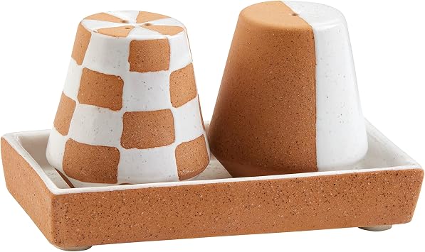 Mud Pie Terracotta S And P Set; Shaker 2 1/2" X 2 1/4" Dia | Tray _" X 5", Brown
