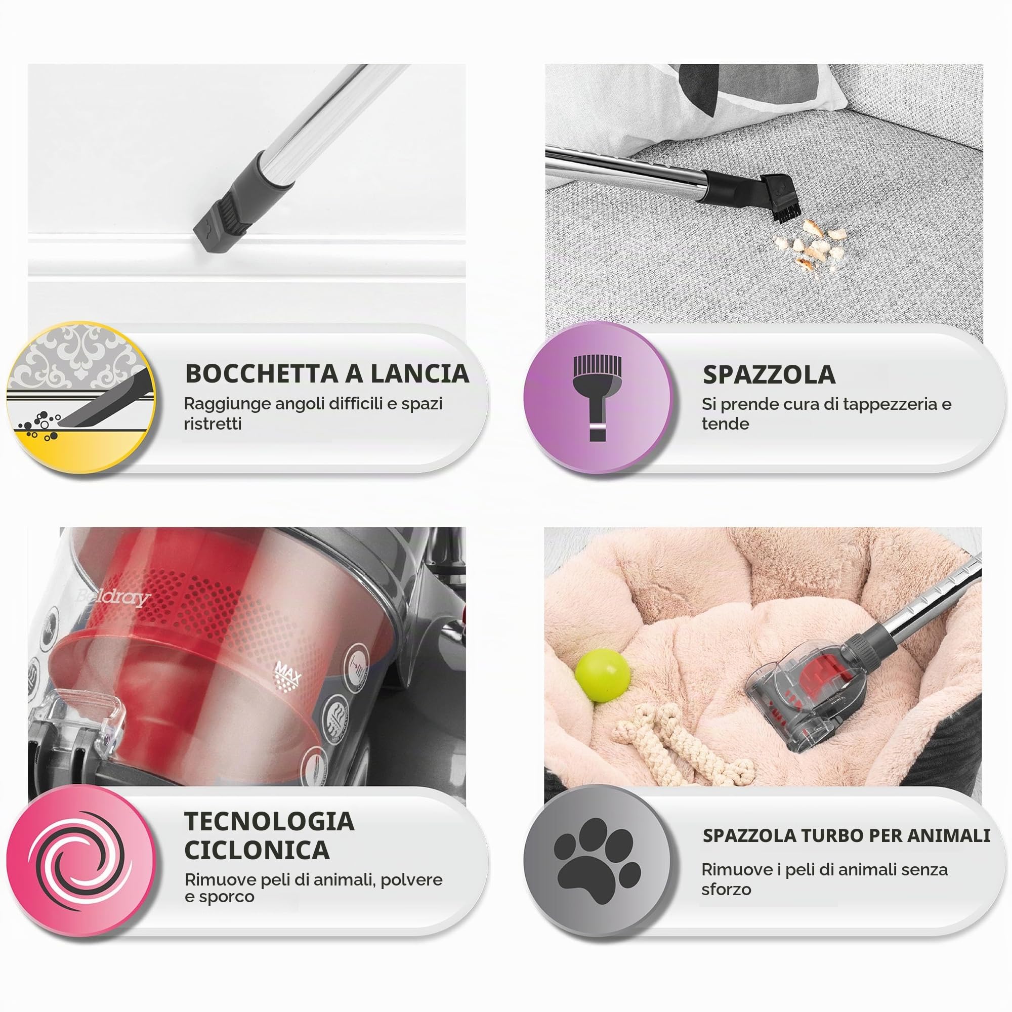 Beldray BEL0700TBVDE Aspirapolvere a cilindro compatto – PET Plus+, aspirapolvere senza sacco, aspirapolvere leggero per tappeti, spazzola Turbo per animali domestici, contenitore da 2 l, 700W, rosso